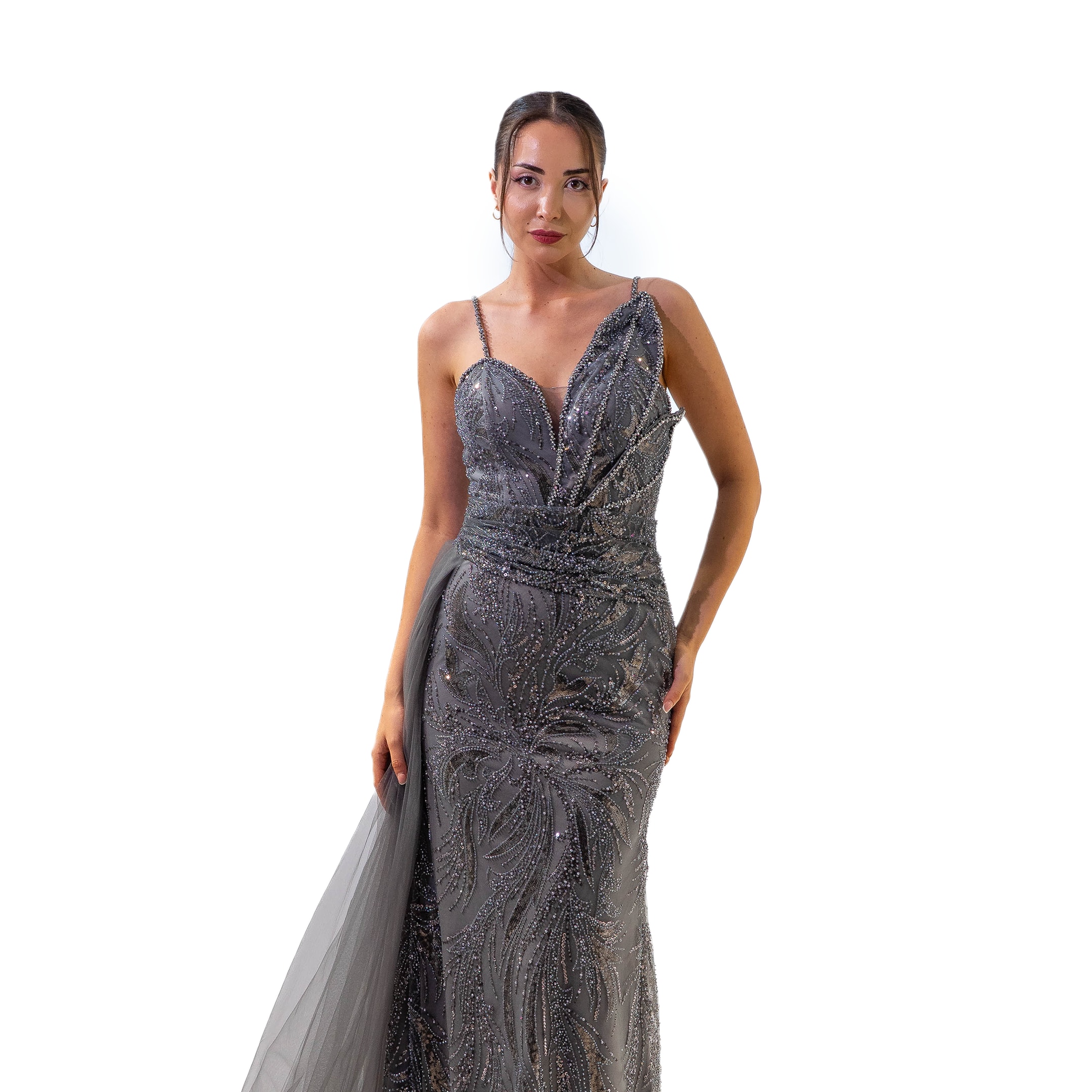 Gökyüzü Boncuklu Yaprak Yaka Detay Balık Uzun Gri Elbise