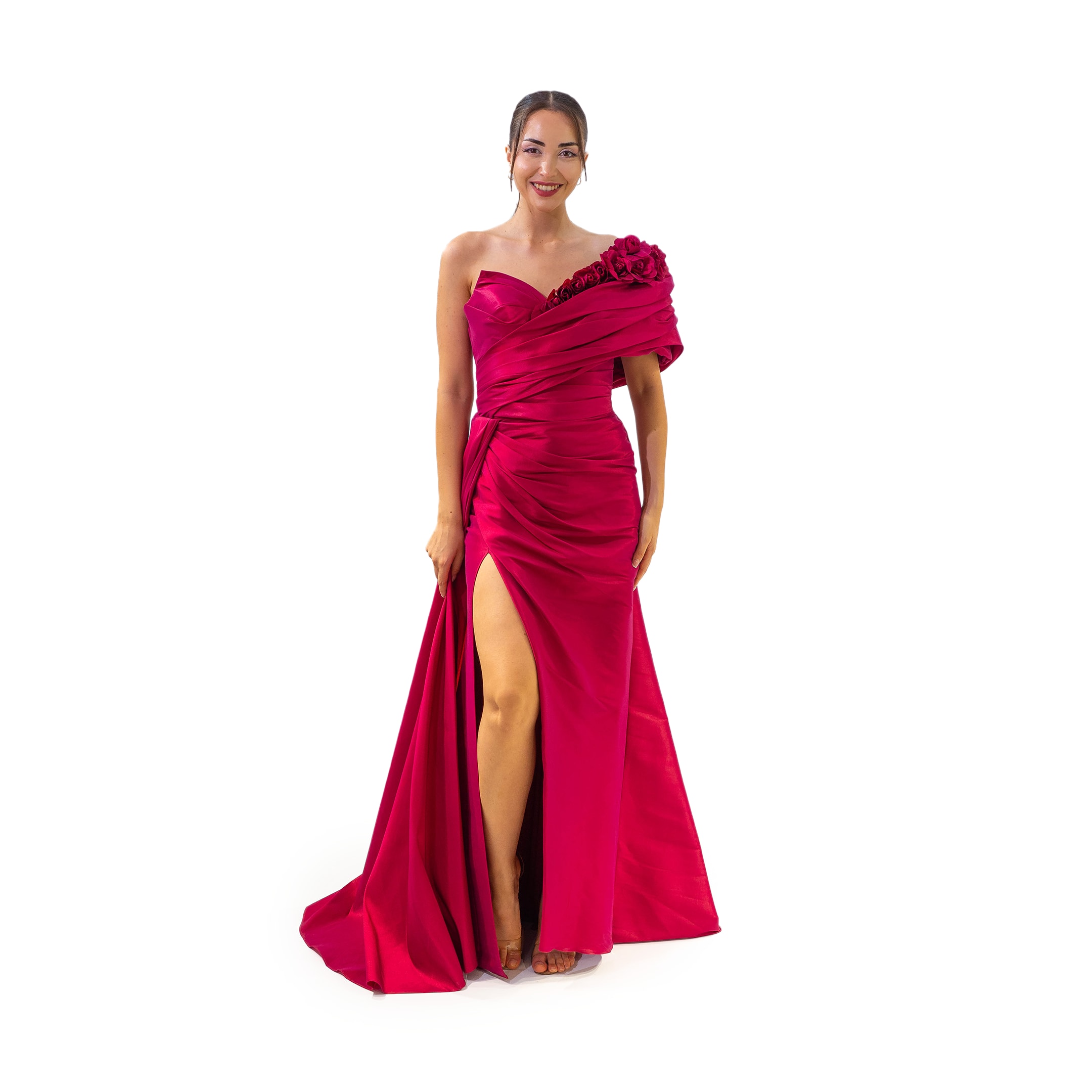 Henna Night Parlak Drape Tafta Kumaş Tek Omuz Gül Detaylı Bordo Elbise