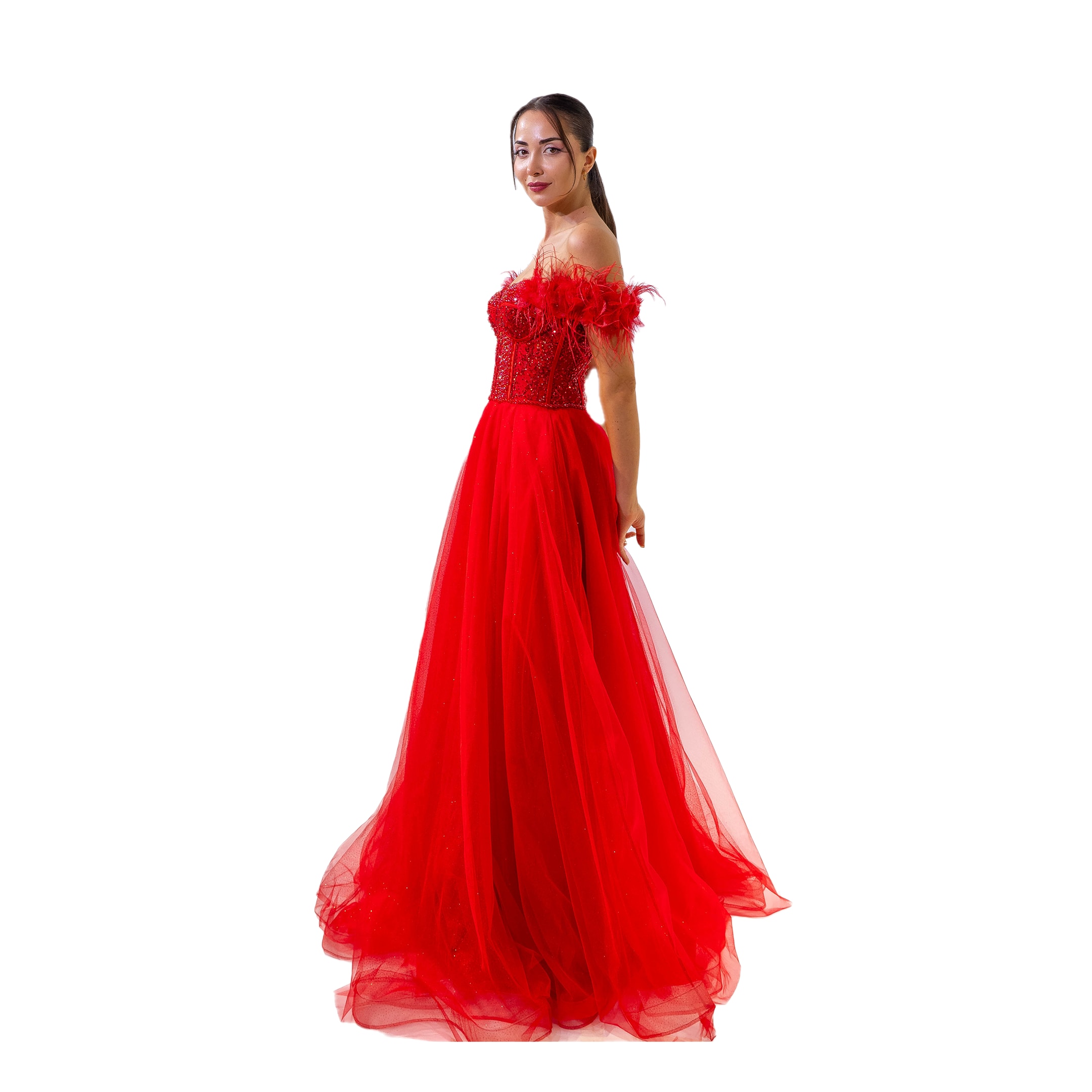 Henna Night Korsajlı Boncuklu Helen Tül Etek Kırmızı Uzun Elbise