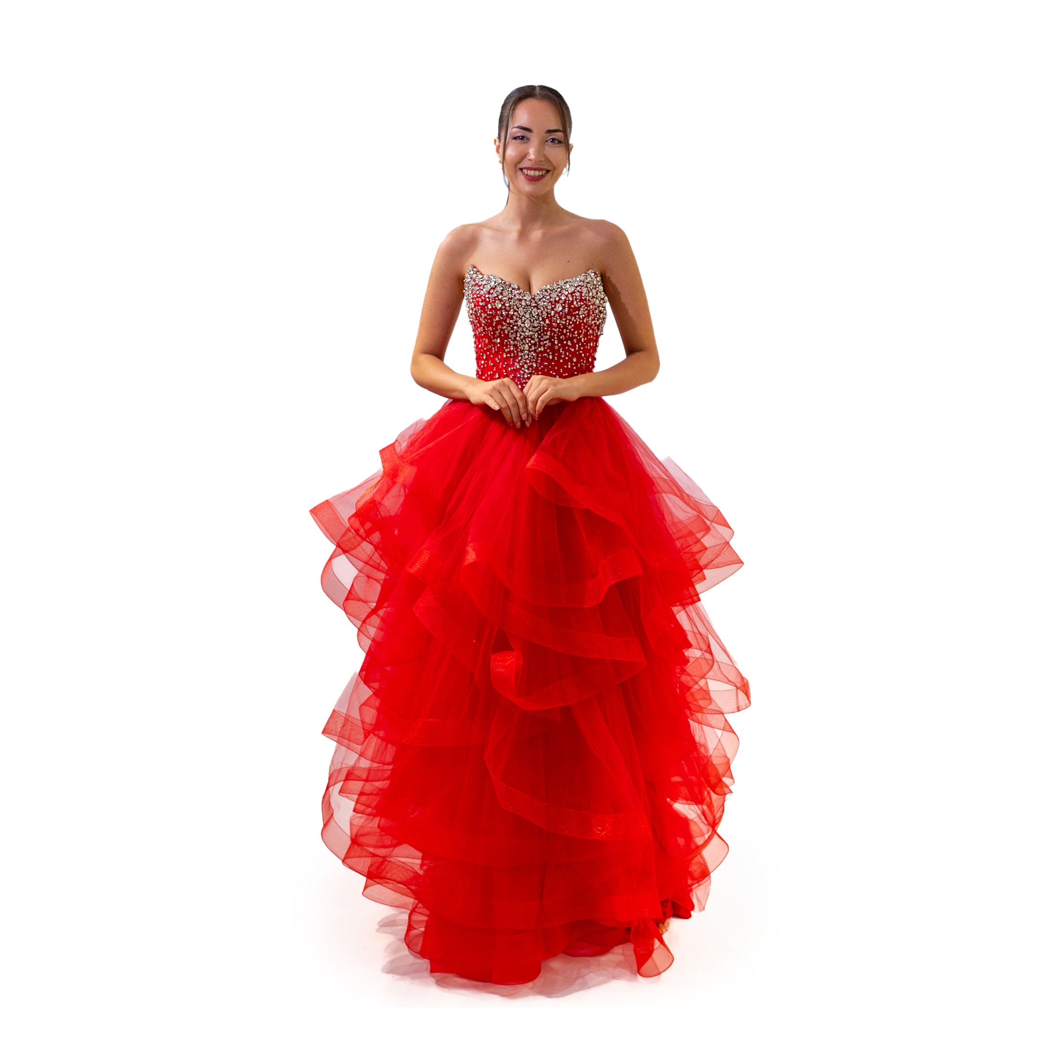 Henna Night Sivri Yaka Büstiyer Üst Taşlı Etek Kat Fırfır Detaylı Kırmızı Elbise