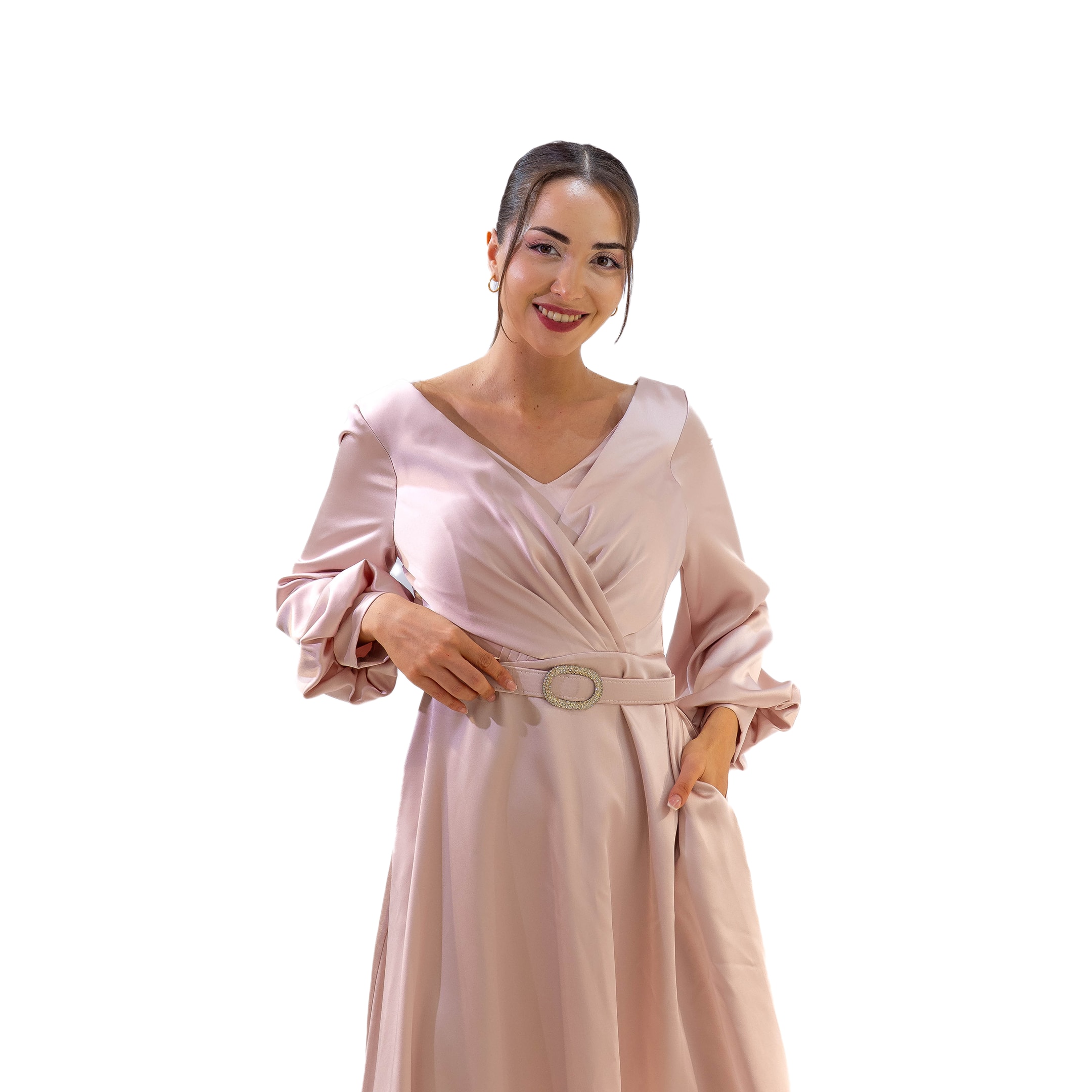 Maya Uzun Kollu Saten Midi Boy Pembe Elbise