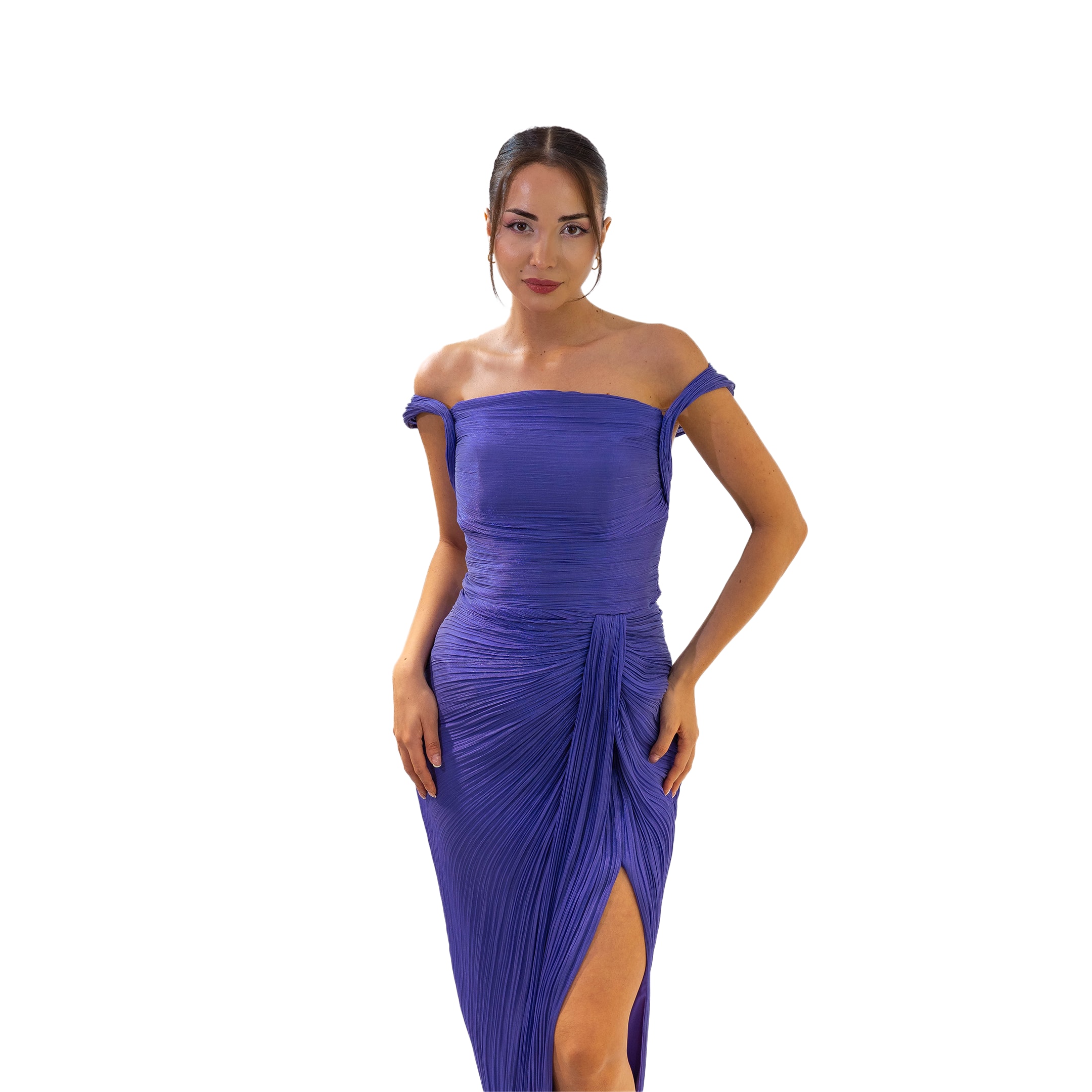 Vakko Stil Yırtmaçlı Kuyruk Detaylı Plise Kumaş Mor Elbise