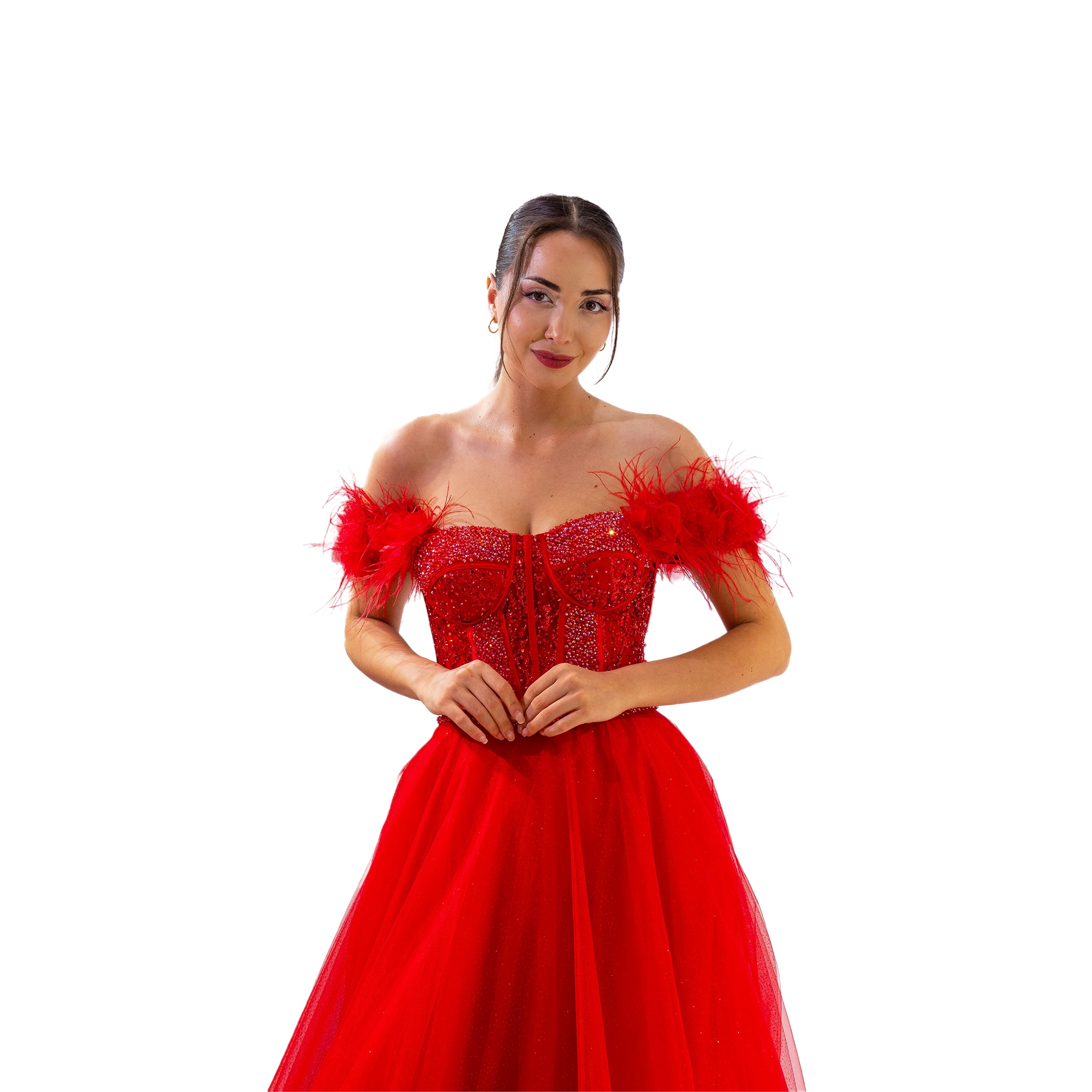 Henna Night Korsajlı Boncuklu Helen Tül Etek Kırmızı Uzun Elbise