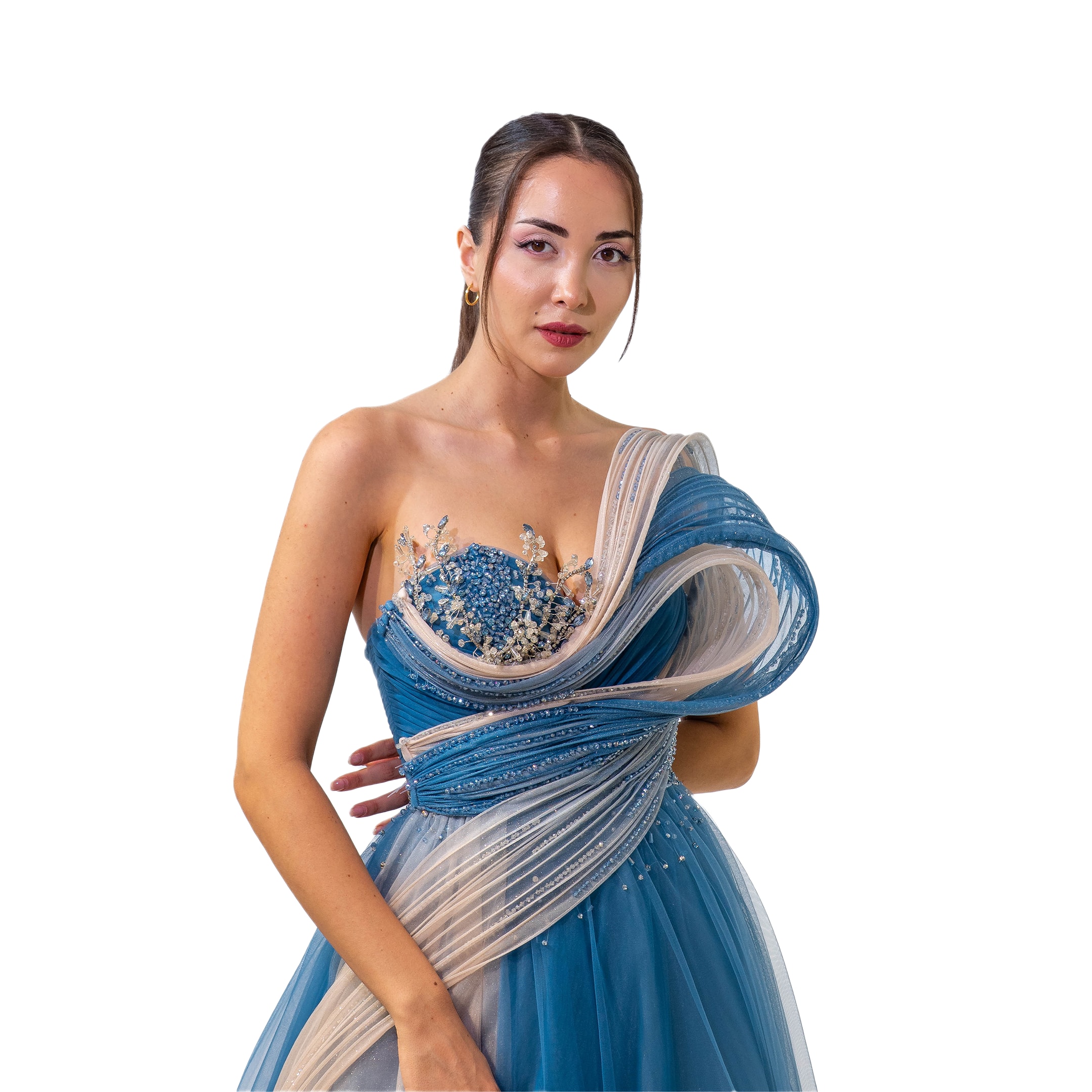 Alacarte Plise Yaka Detaylı Tül Helen Model Uzun Turkuaz Elbise