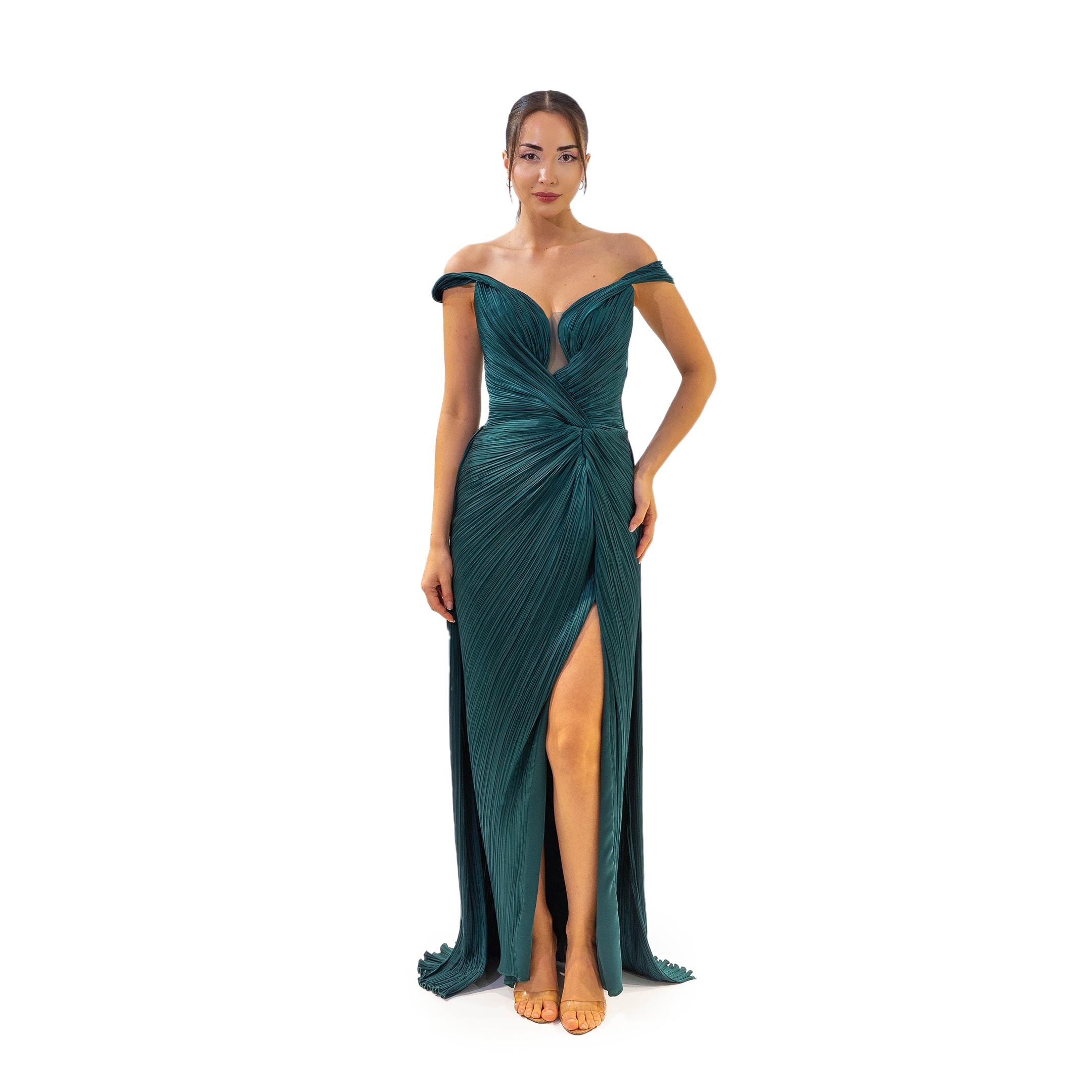 Vakko Stil Kayık Yaka Plise Kumaş Uzun Zümrüt Yeşil Elbise