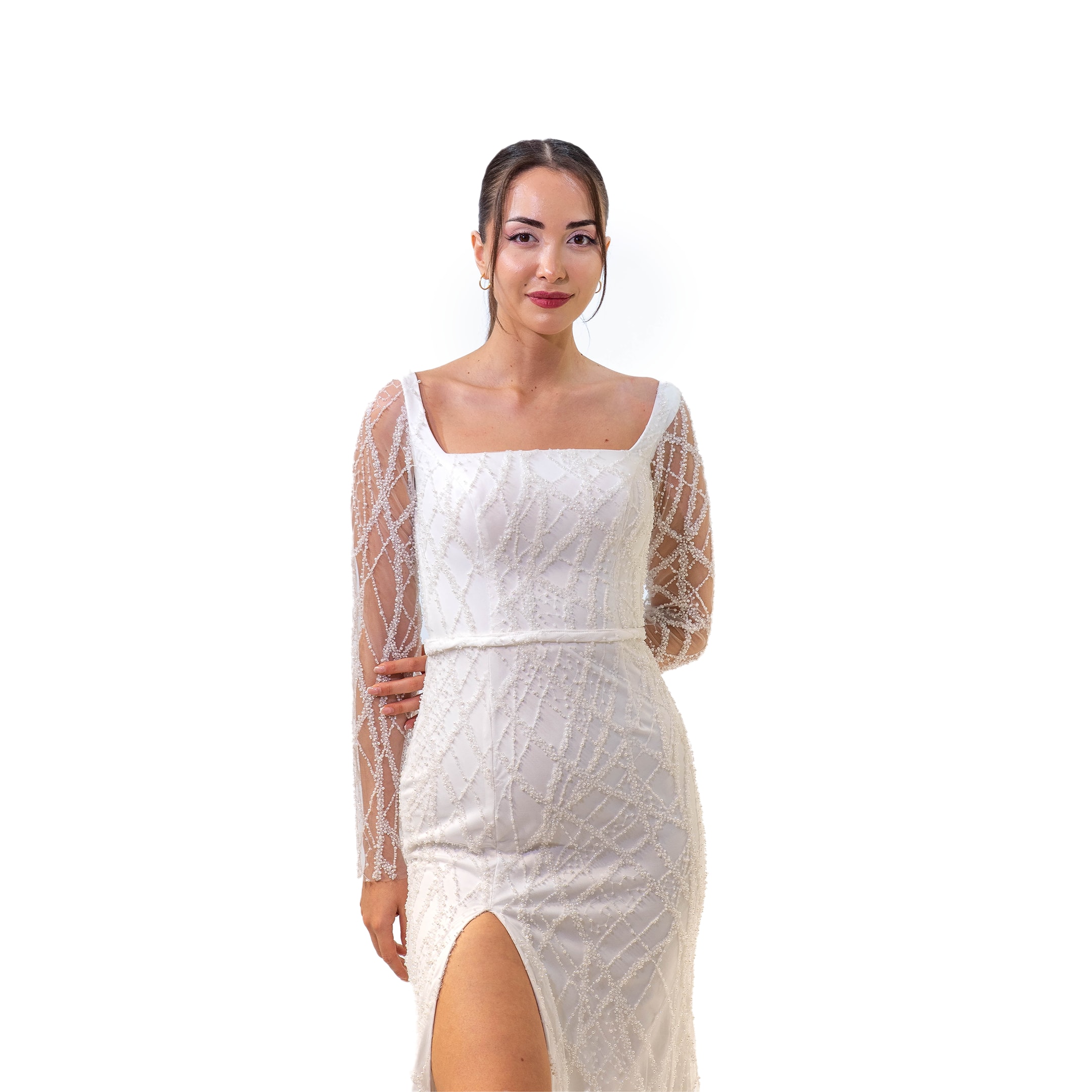 Kuğu Uzun Kol Kare Yaka Boncuklu Uzun Beyaz Elbise