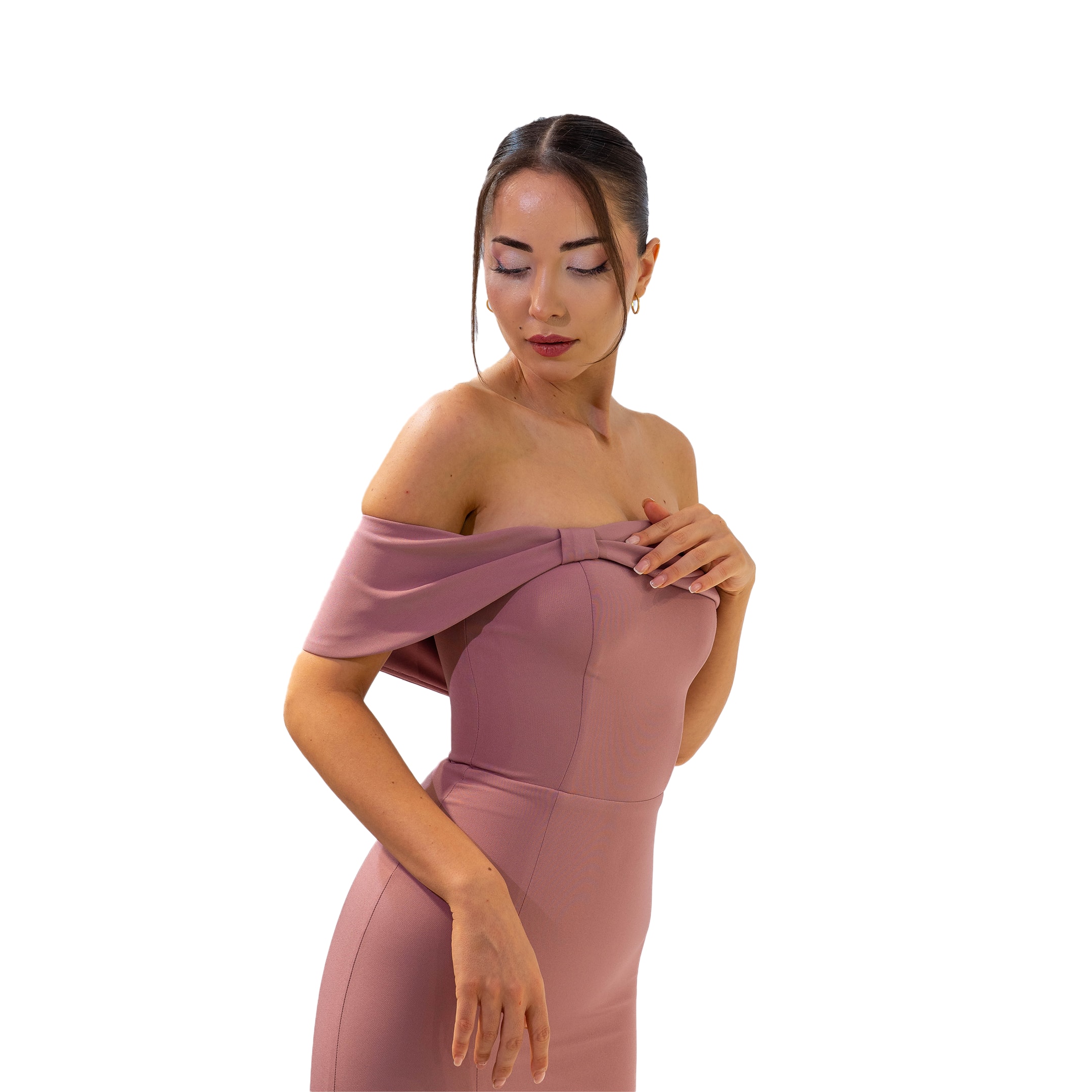 Duru Kayık Yaka Krep Kumaş Pudra Elbise