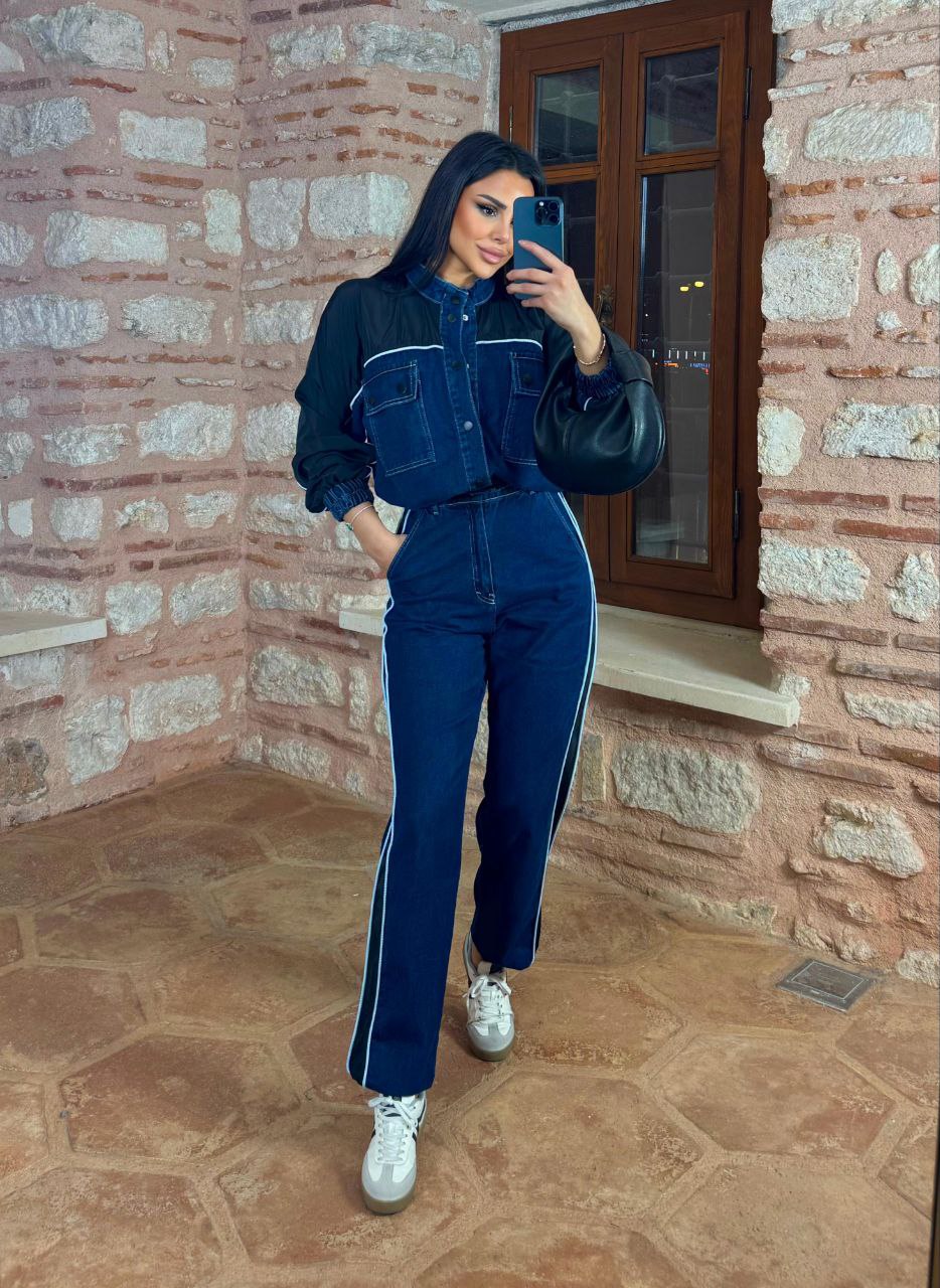 Paraşüt Biyeli Denim Garnili Takım