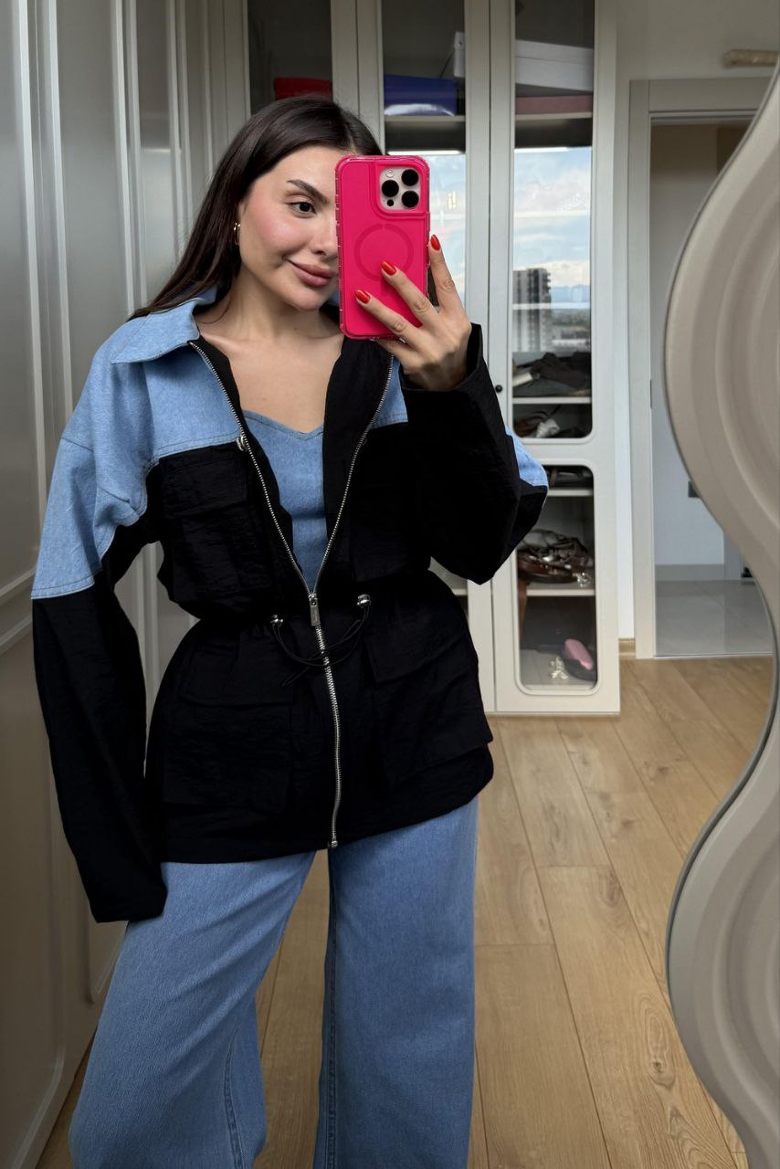 Kırışık Paraşüt Garnili Denim Ceket