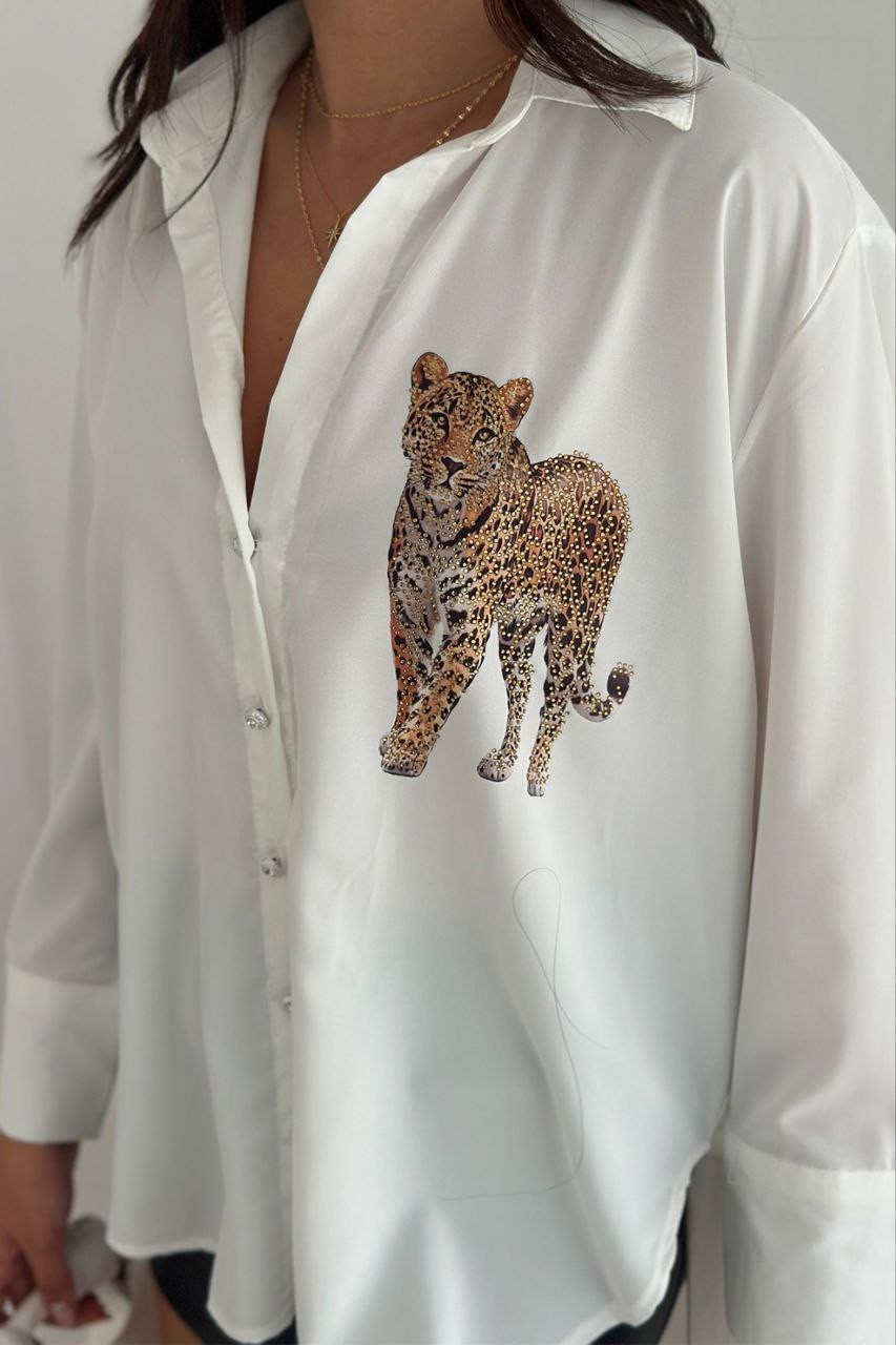 Leopar Desen Baskılı Taşlı Gömlek