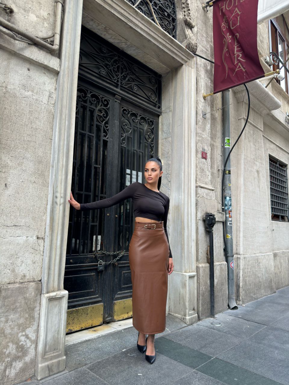 Midi Boy Deri Etek - Kahverengi