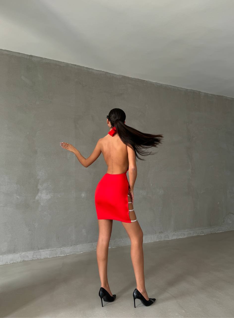 Zirkonyum taş detaylı mini elbise