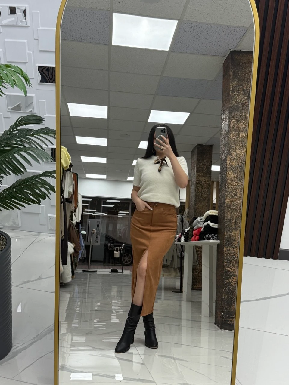 Yırtmaç Detay Kadife Etek - Taba