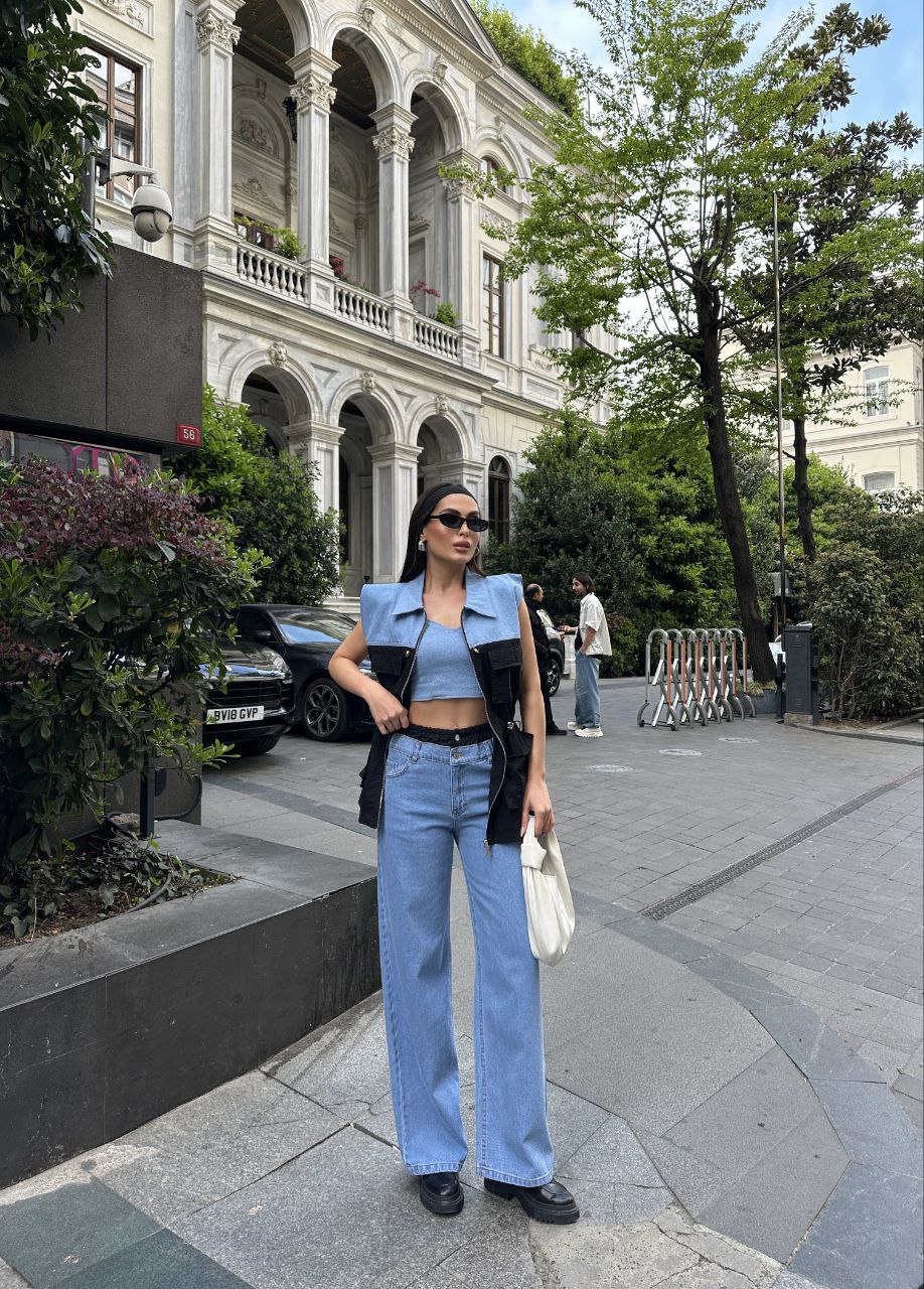 Kırışık Paraşüt Garnili Denim Pantolon