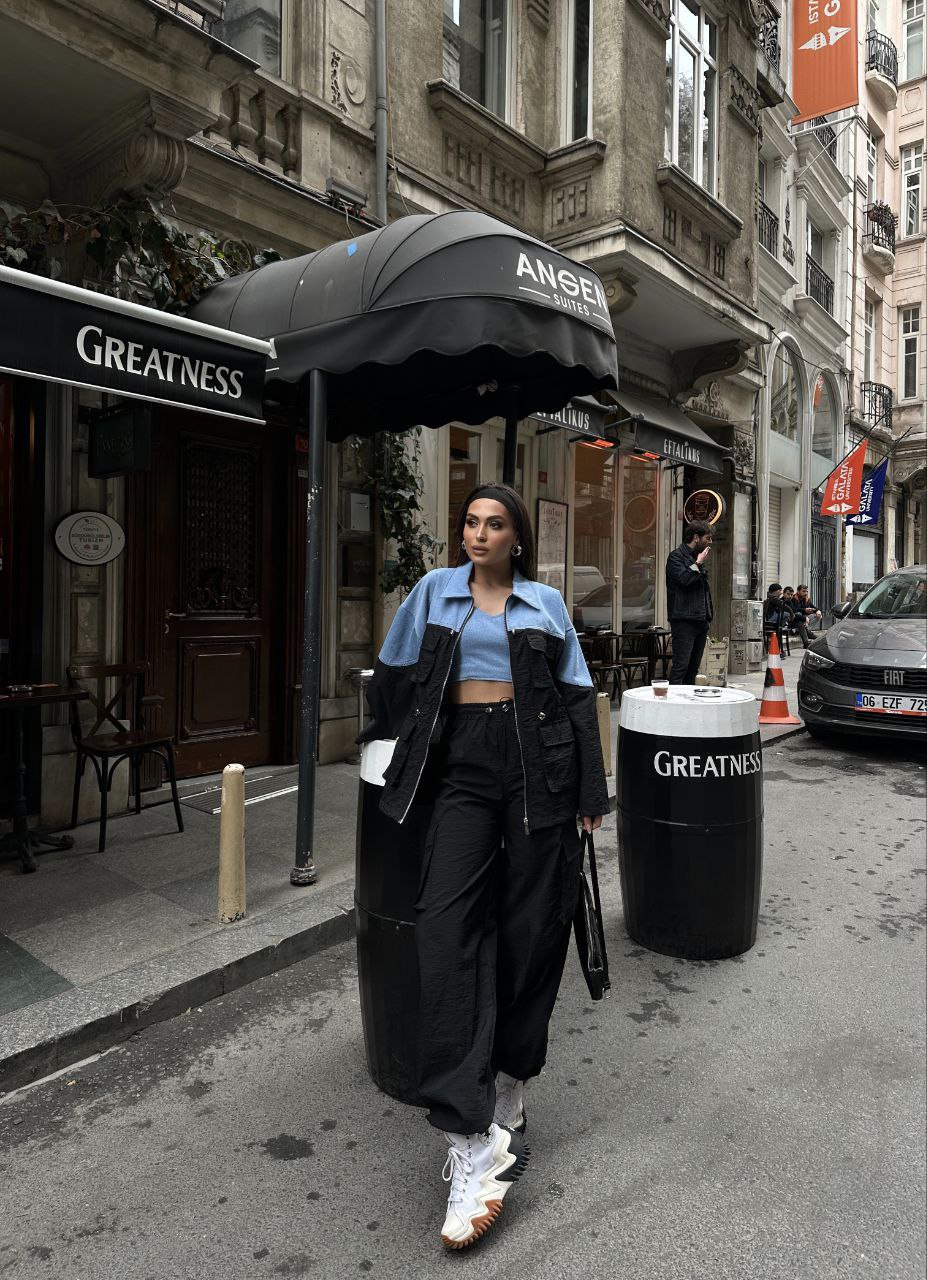 Kırışık Paraşüt Garnili Denim Ceket