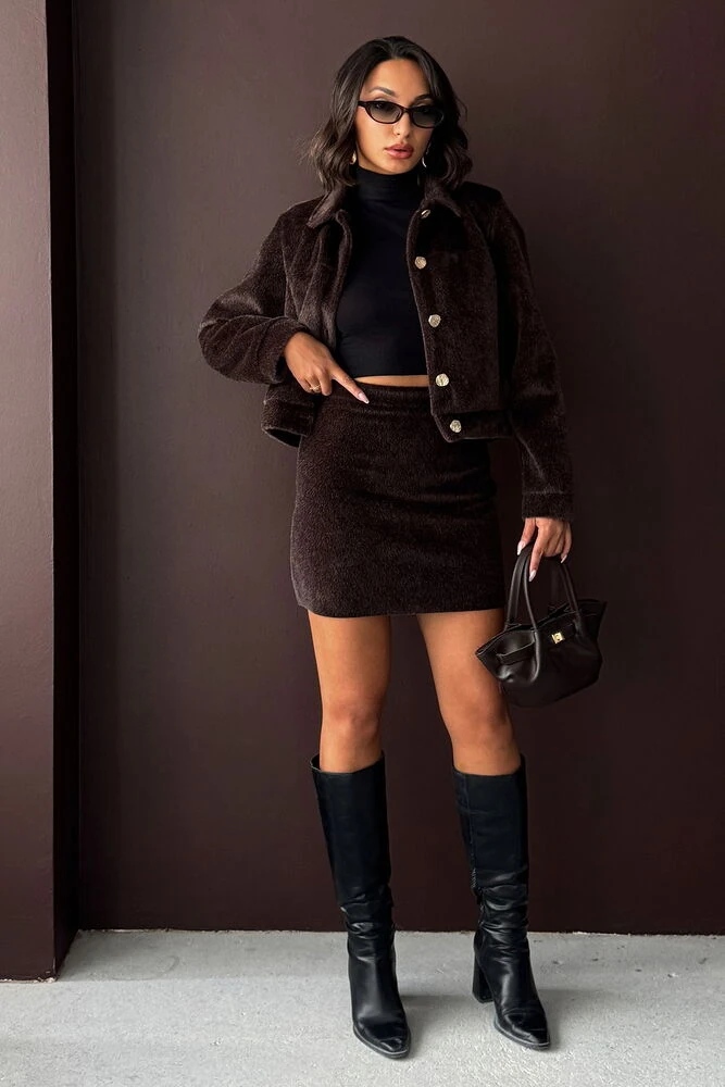 Tüylü Mini Etek -Kahve