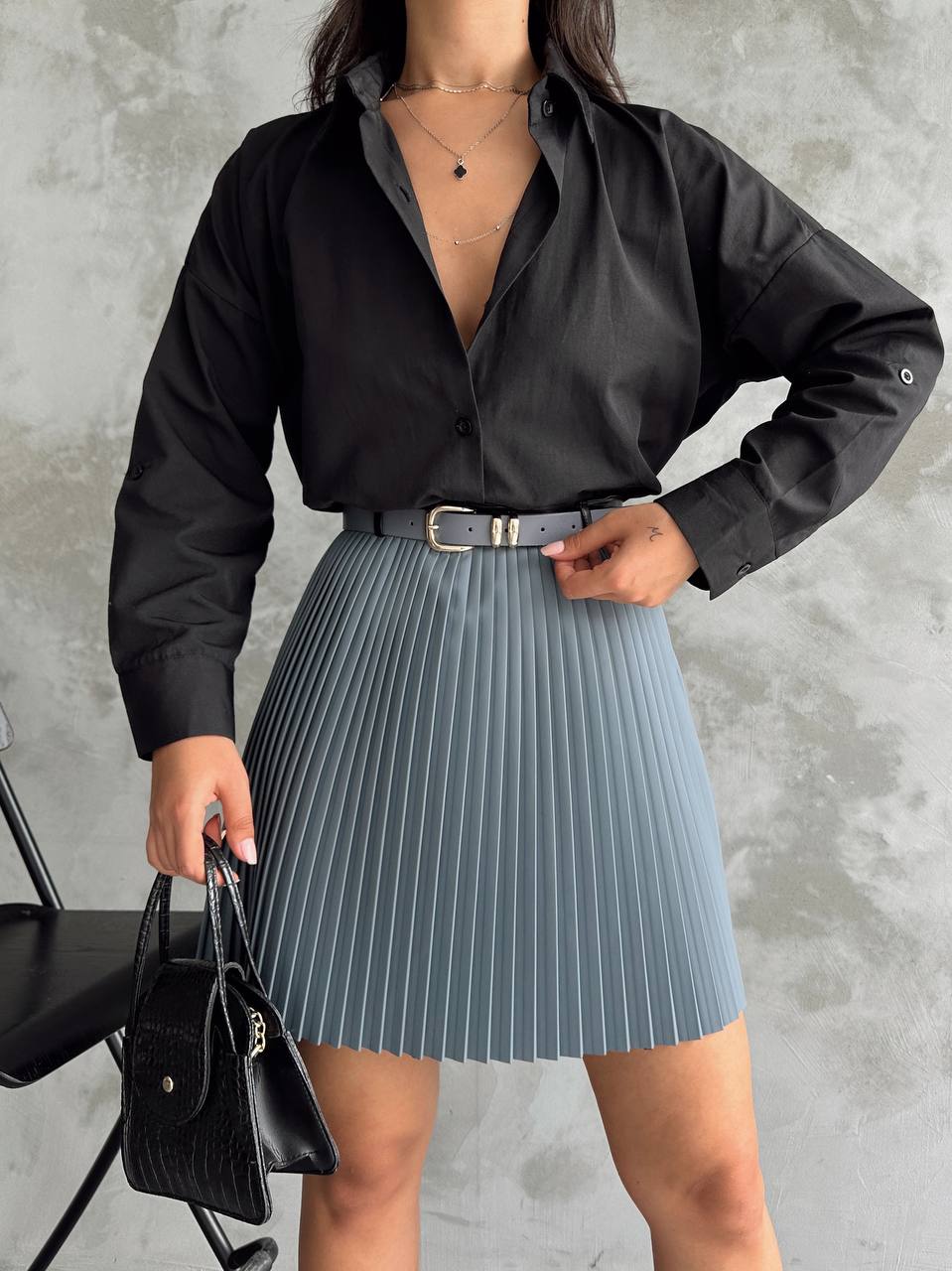 Piliseli  Deri Etek - Gri