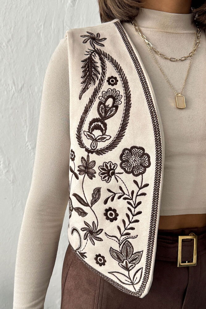 İşlemeli Süet Yelek – Western Tarz Şıklık - Taş