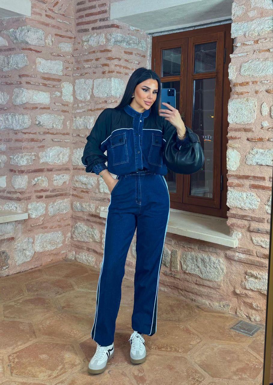 Paraşüt Biyeli Denim Garnili Takım