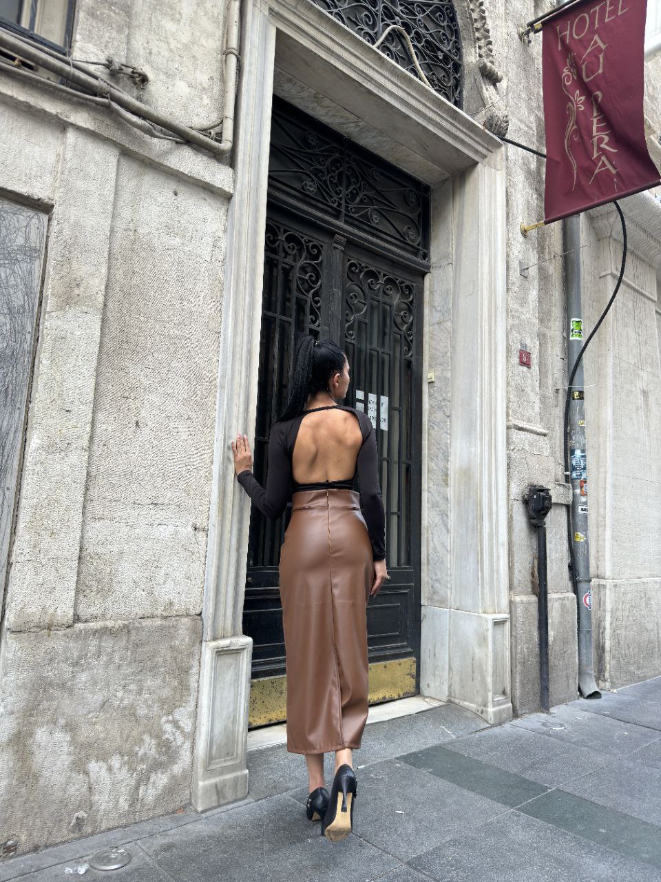 Midi Boy Deri Etek - Kahverengi