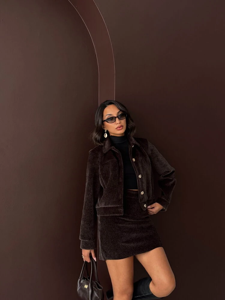 Tüylü Mini Etek -Kahve