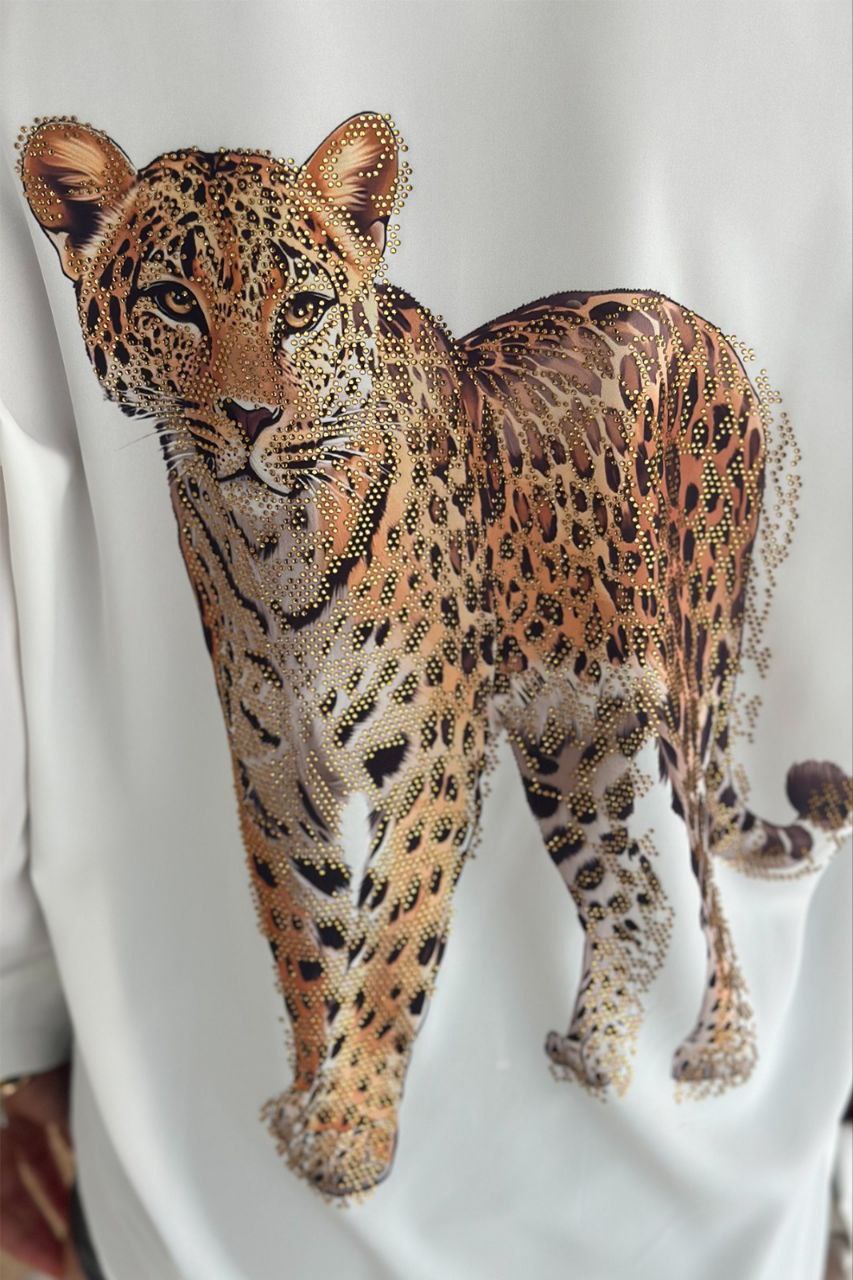 Leopar Desen Baskılı Taşlı Gömlek