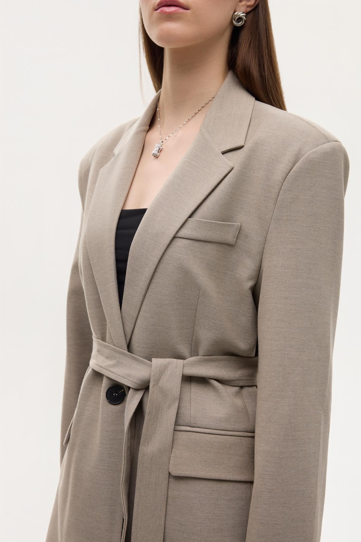  Kemerli Blazer Ceket Vizon