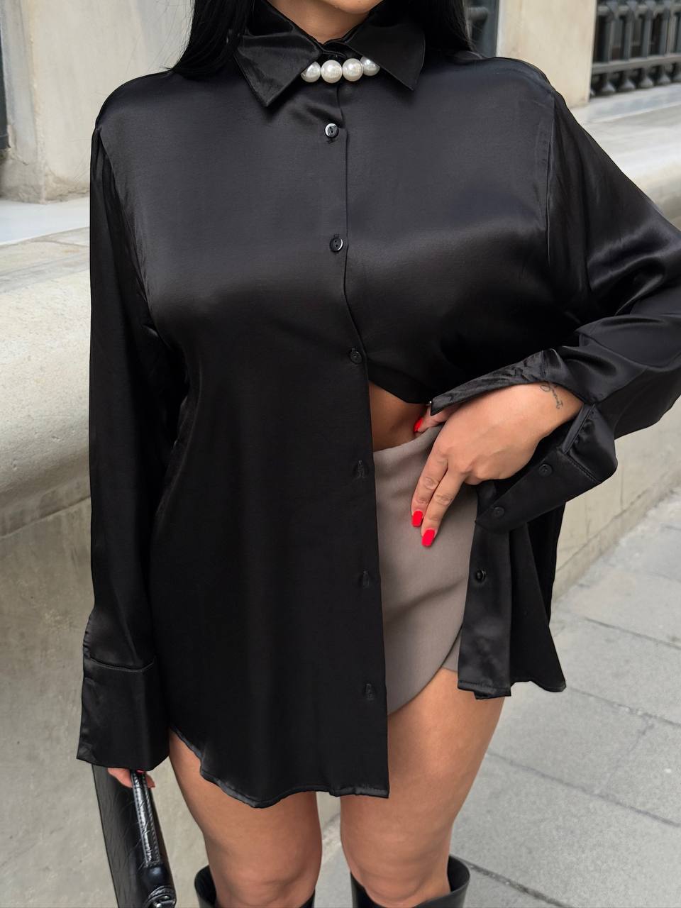 Premium Saten Kumaş Gömlek - Siyah