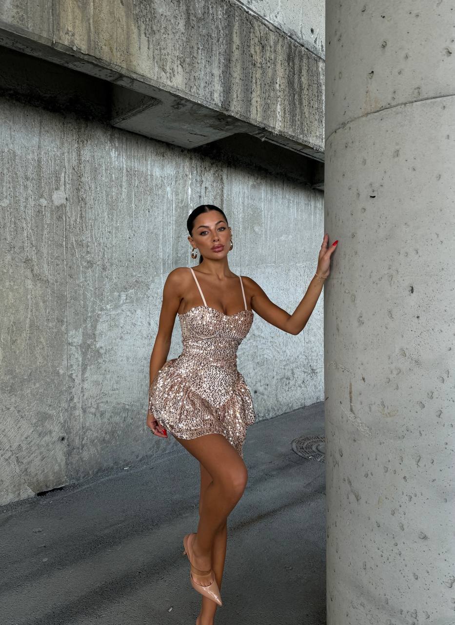 Kloş payet mini elbise - Gold