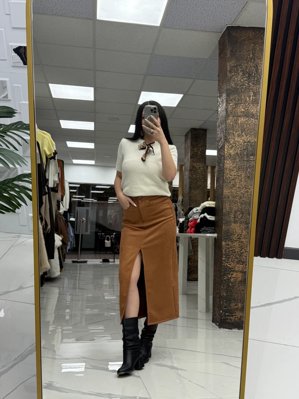 Yırtmaç Detay Kadife Etek - Taba