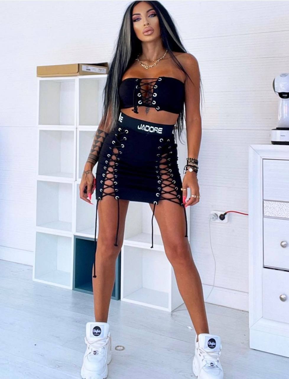 Kuşgözülü Kemer Baskılı Göğüs  Astarlı Mini Boy Etekli Takım