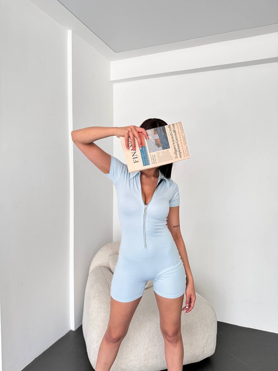 Polo Yaka Mini fermuarlı dalgıç tulum  - Mavi