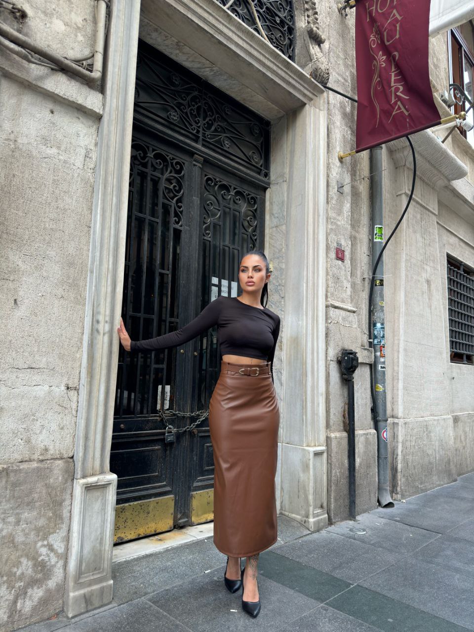 Midi Boy Deri Etek - Kahverengi