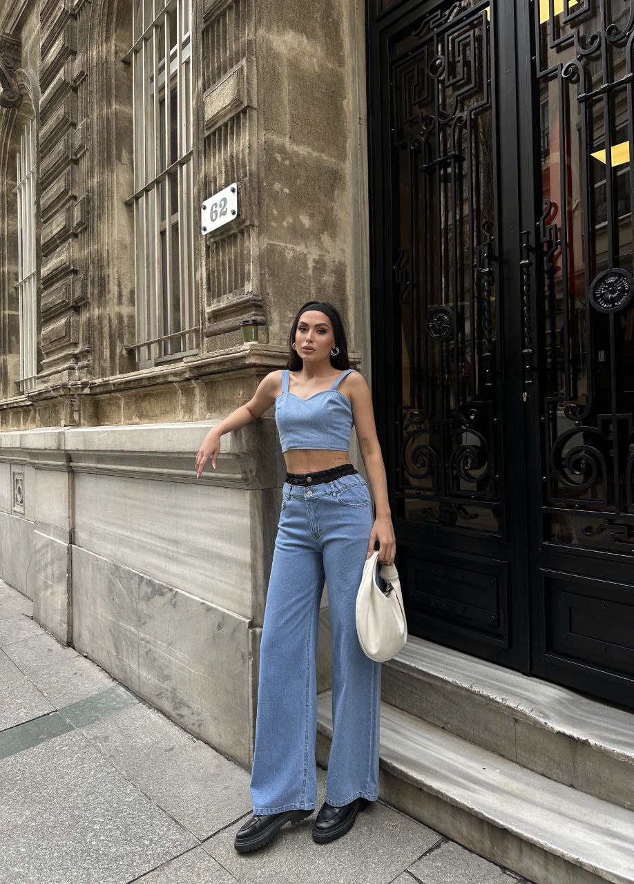 Kırışık Paraşüt Garnili Denim Pantolon
