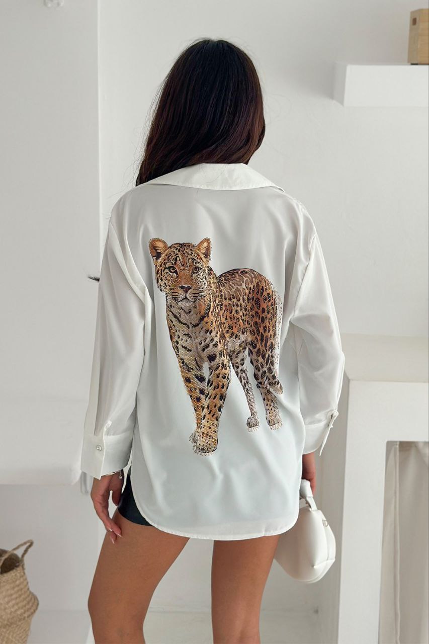 Leopar Desen Baskılı Taşlı Gömlek