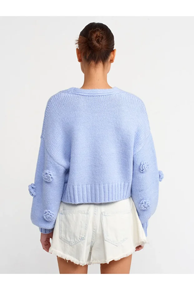 Yaka El İşi Gül Nakışlı Çıt Çıtlı Balon Kol Triko Hırka - Mavi