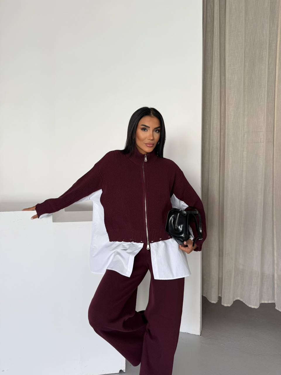 Poplin Gömlek Detaylı Eskitme Görünümlü Triko Takım - Bordo