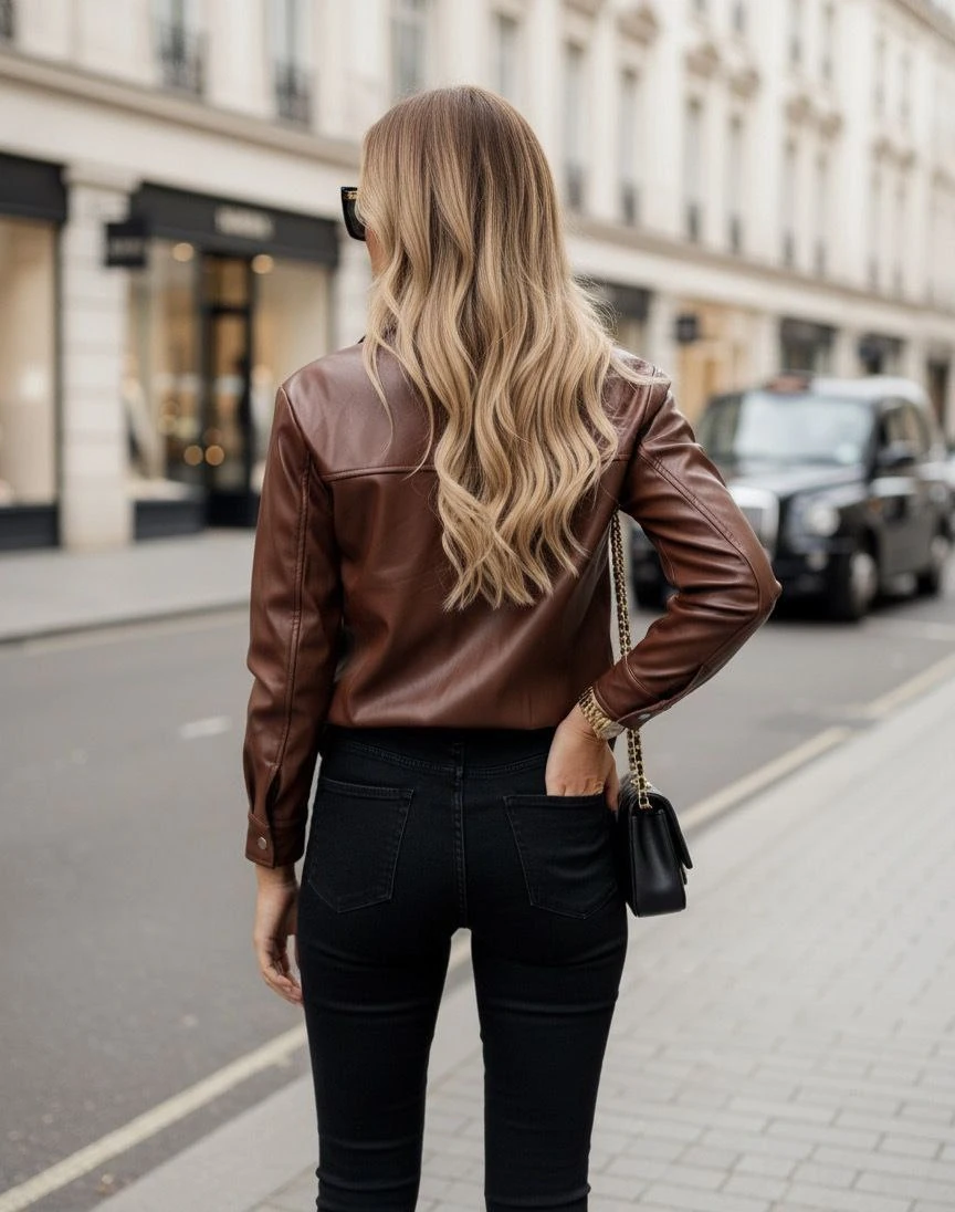  Çift Cep Kapamalı Deri Gömlek - Kahverengi