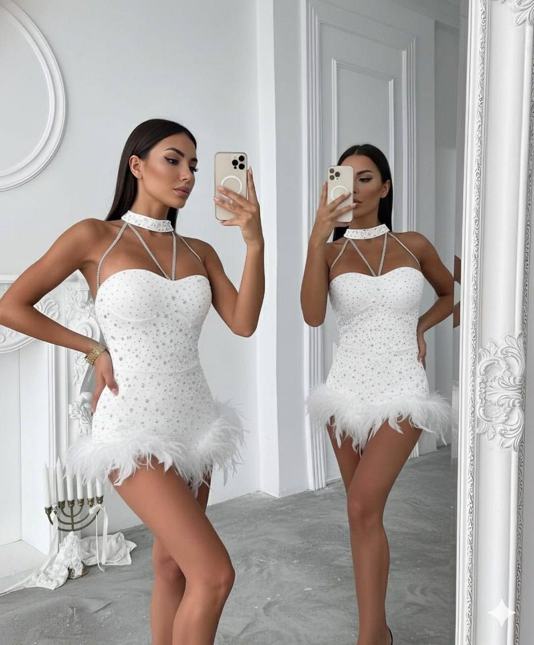 Sim taş detay kumaş inci çakımlı tütü detaylı astarlı mini tulum - Beyaz