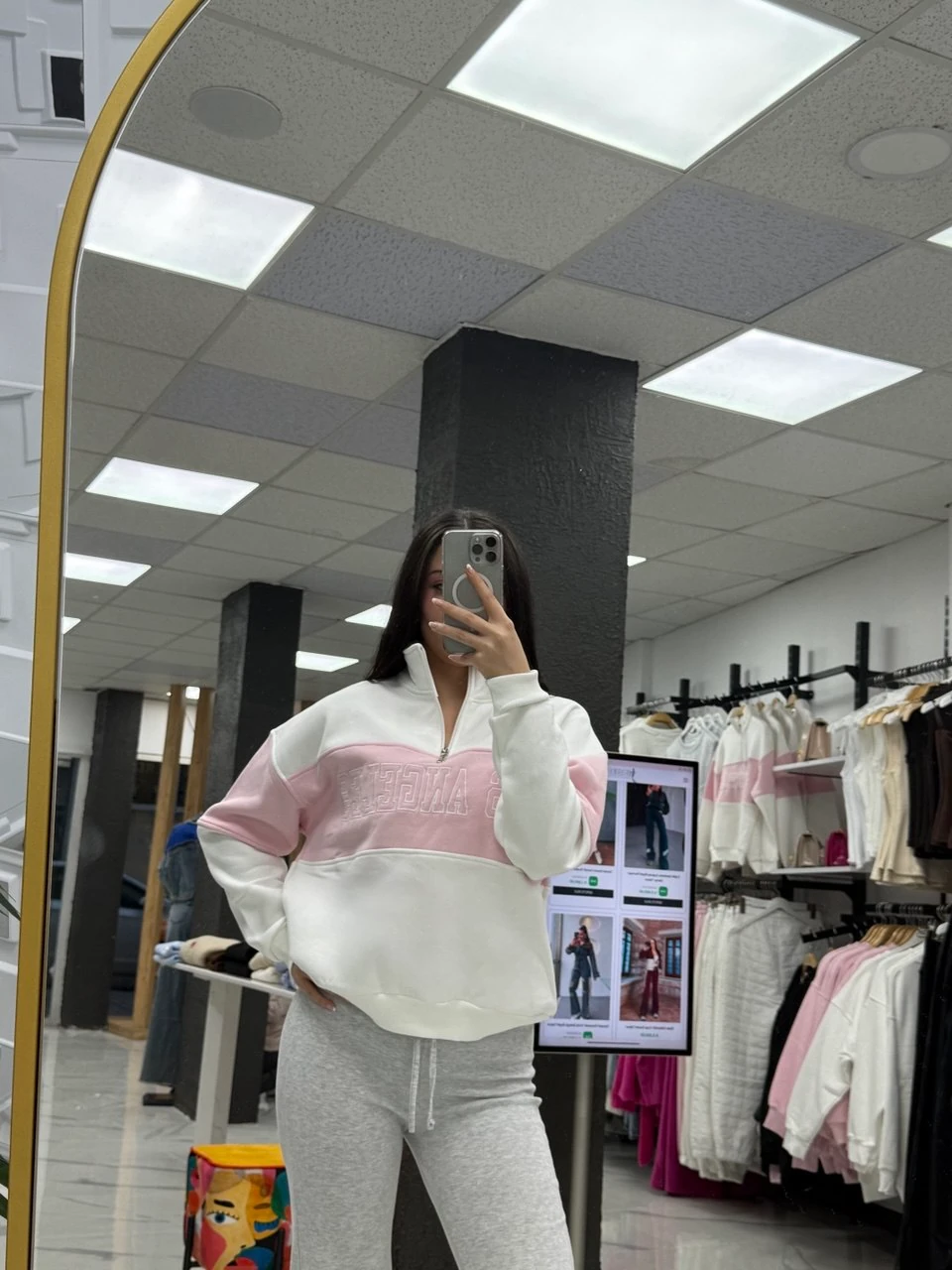 Yarım Fermuarlı Yaka Detaylı Sweatshirt - Pembe