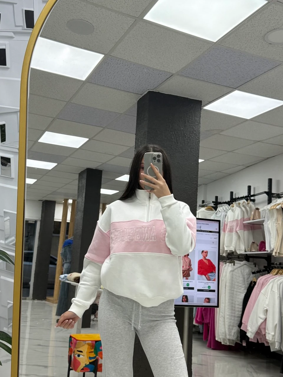 Yarım Fermuarlı Yaka Detaylı Sweatshirt - Pembe