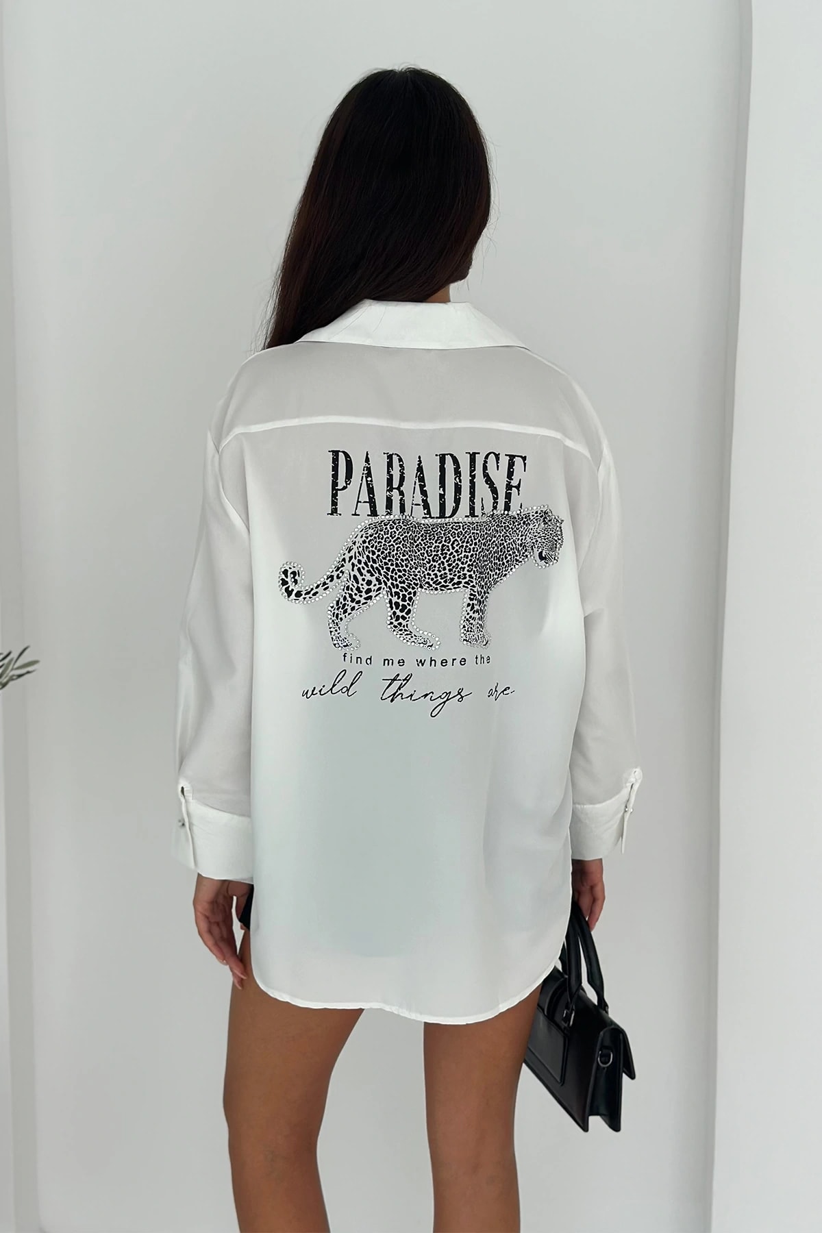 Dril Kumaş Paradise Baskılı Taşlı Gömlek Gümüş