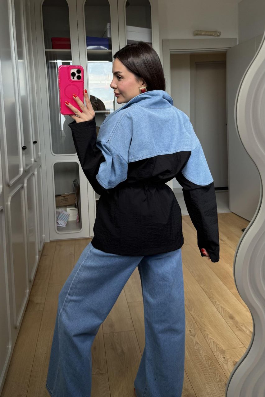 Kırışık Paraşüt Garnili Denim Ceket