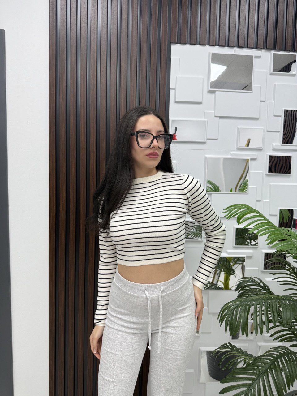 Çizgili Fit Crop Triko Bluz