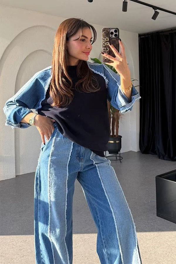 Patch Denim Sweat Garnili Takım 