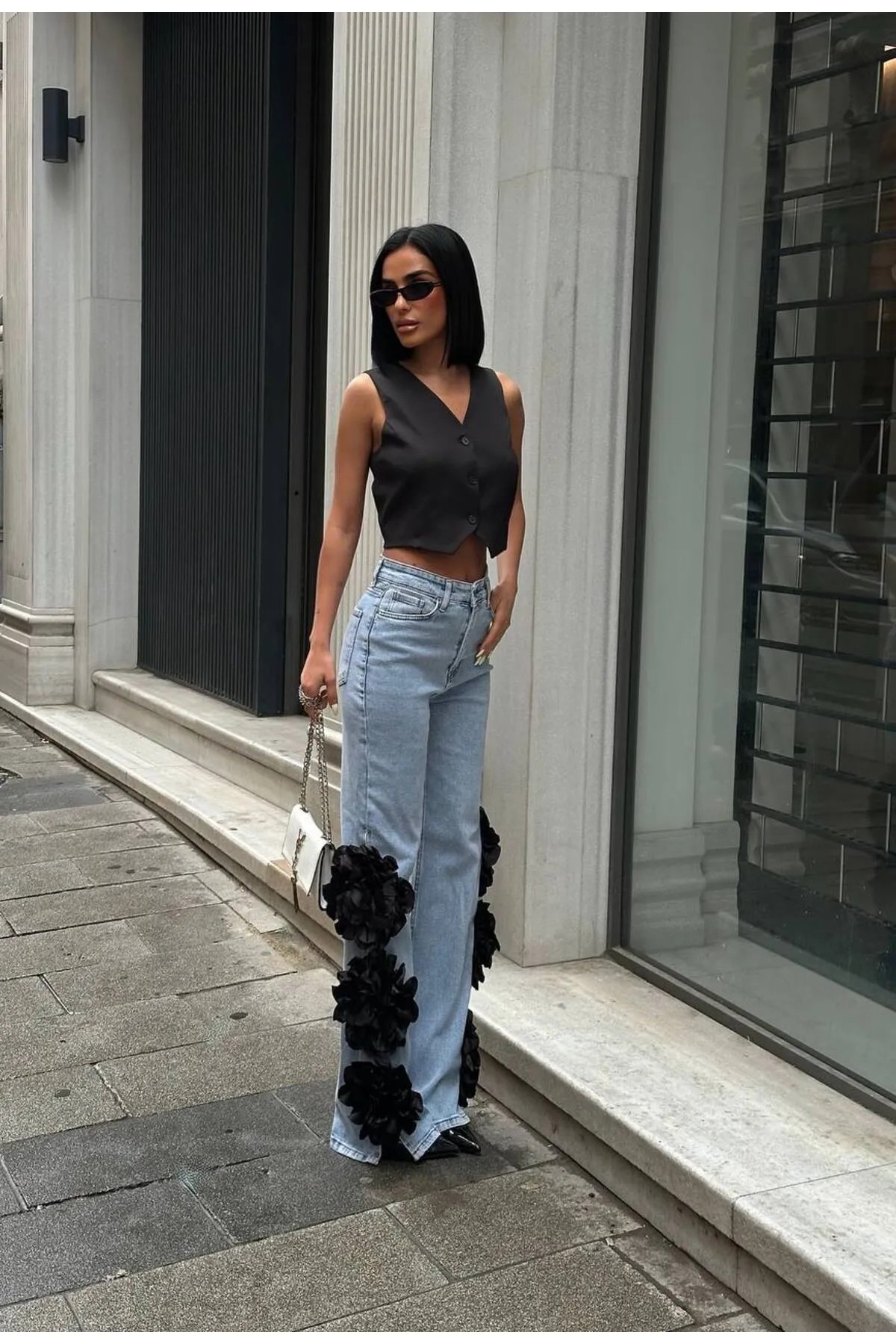 Kadın 3 Boyutlu Gül Detaylı Palazzo Relax Kalıp Yüksek Bel Bol Paça Denim Jean