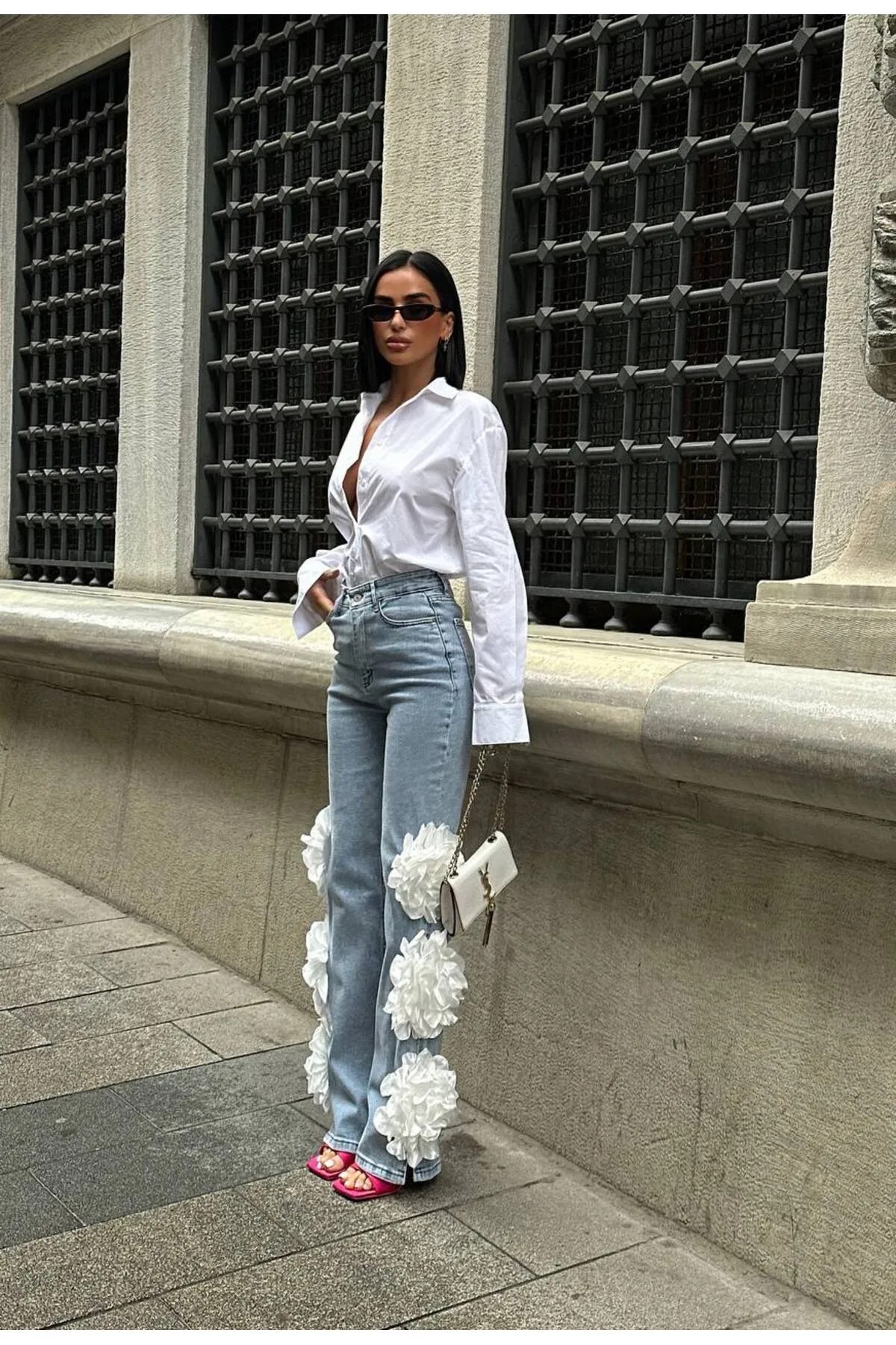 Kadın 3 Boyutlu Gül Detaylı Palazzo Relax Kalıp Yüksek Bel Bol Paça Denim Jean