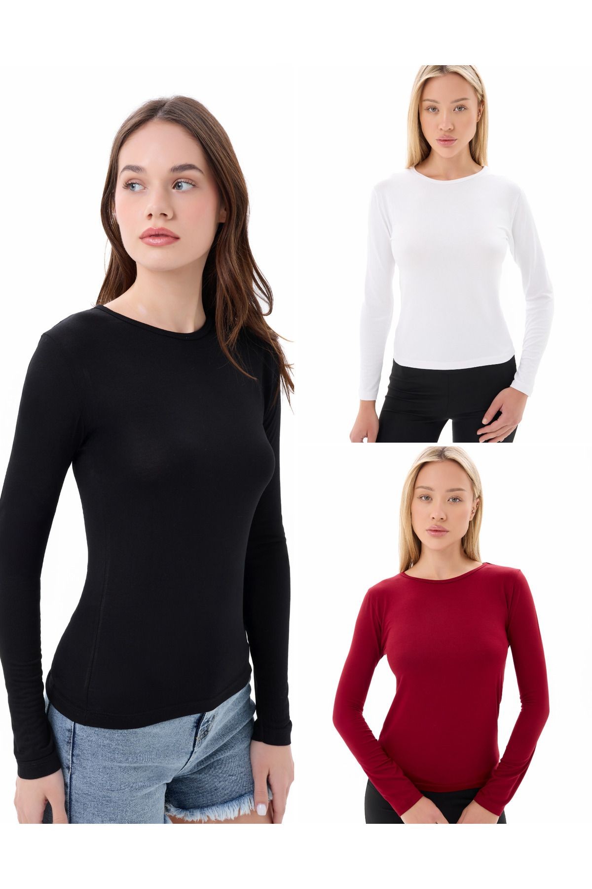 3'lü Set Bisiklet Yaka Basic Uzun Kollu Body