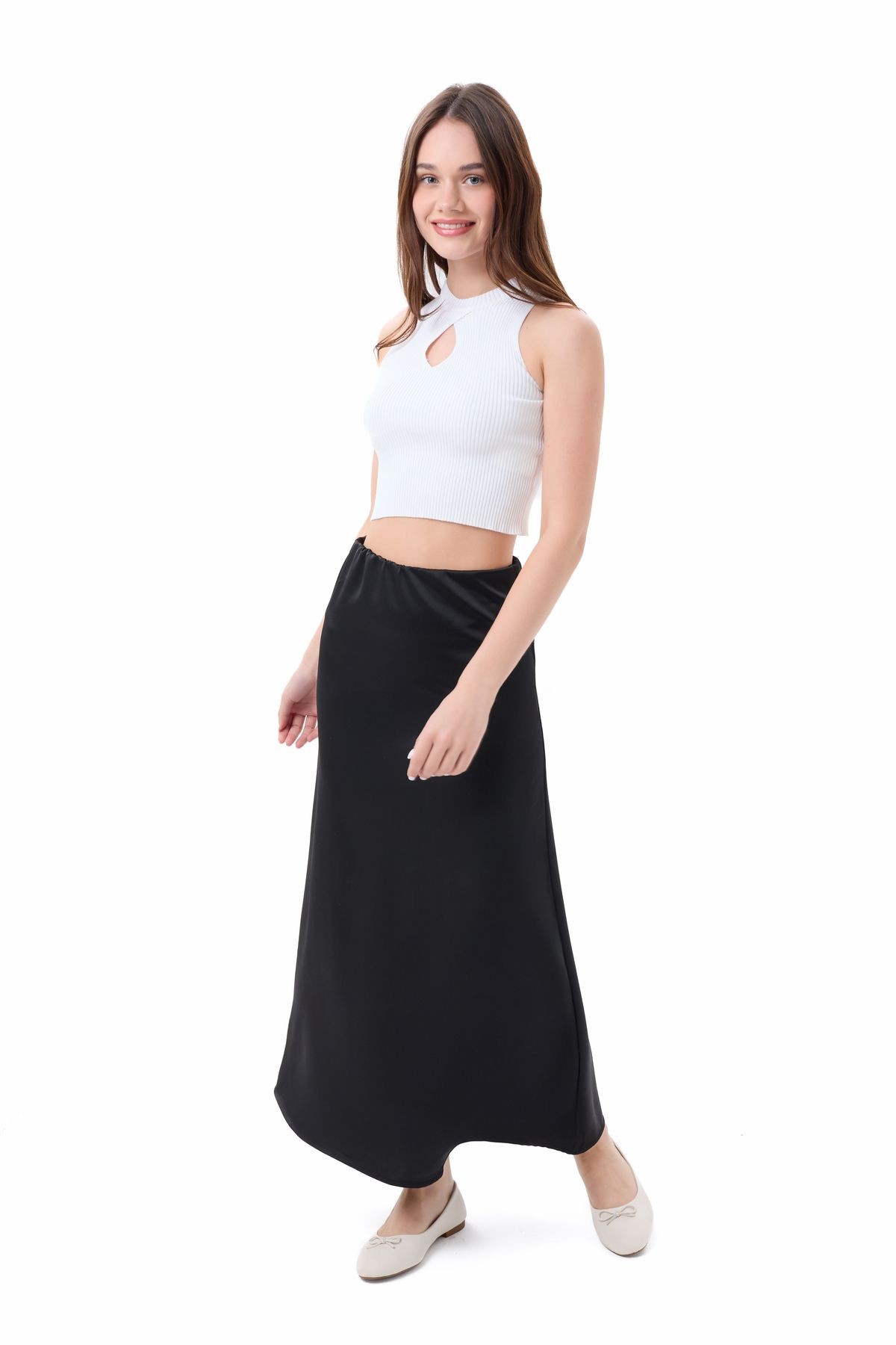 Maxi Siyah Saten Etek Lastikli