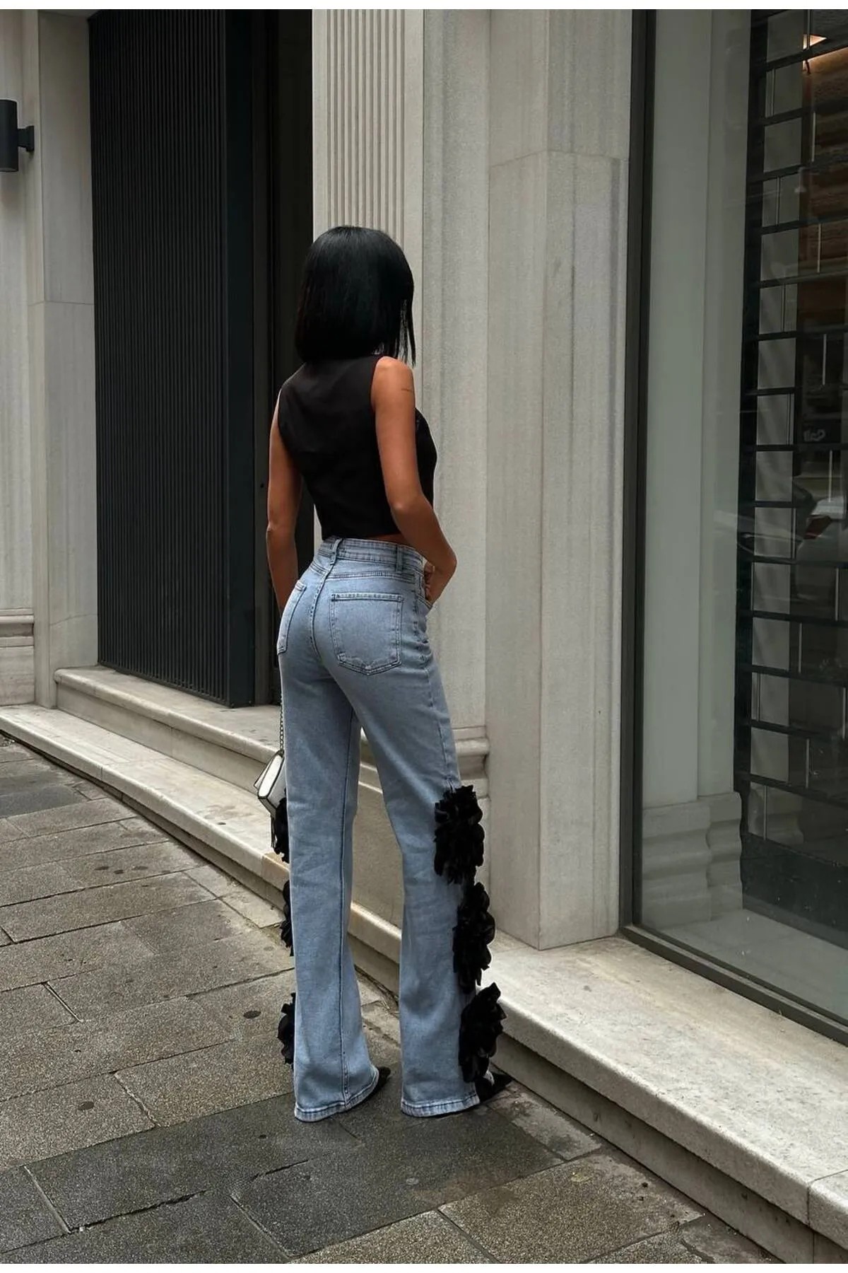 Kadın 3 Boyutlu Gül Detaylı Palazzo Relax Kalıp Yüksek Bel Bol Paça Denim Jean